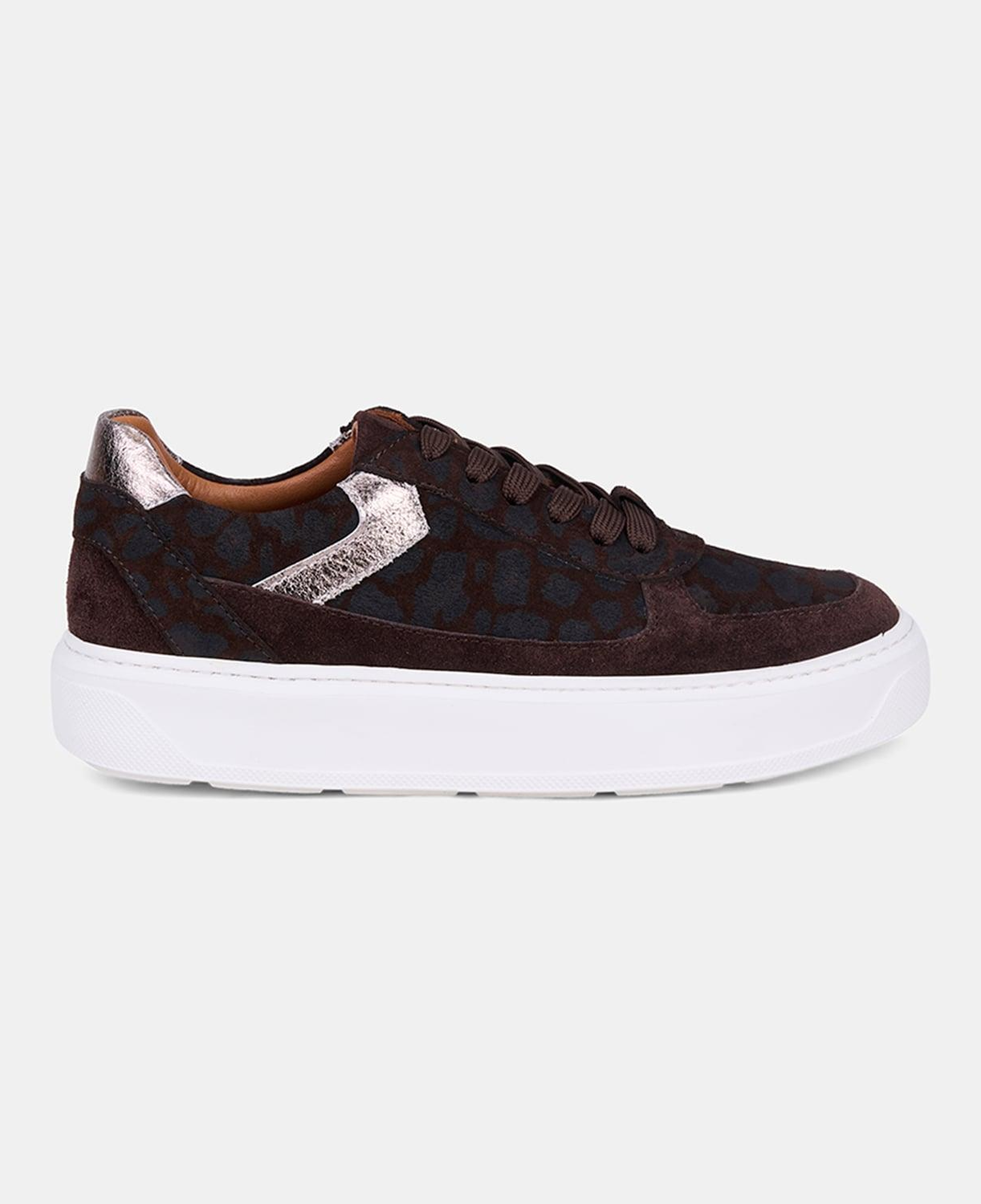 Kadın Kahve Bağcıklı Desenli Kalın Beyaz Tabanlı Süet Sneaker