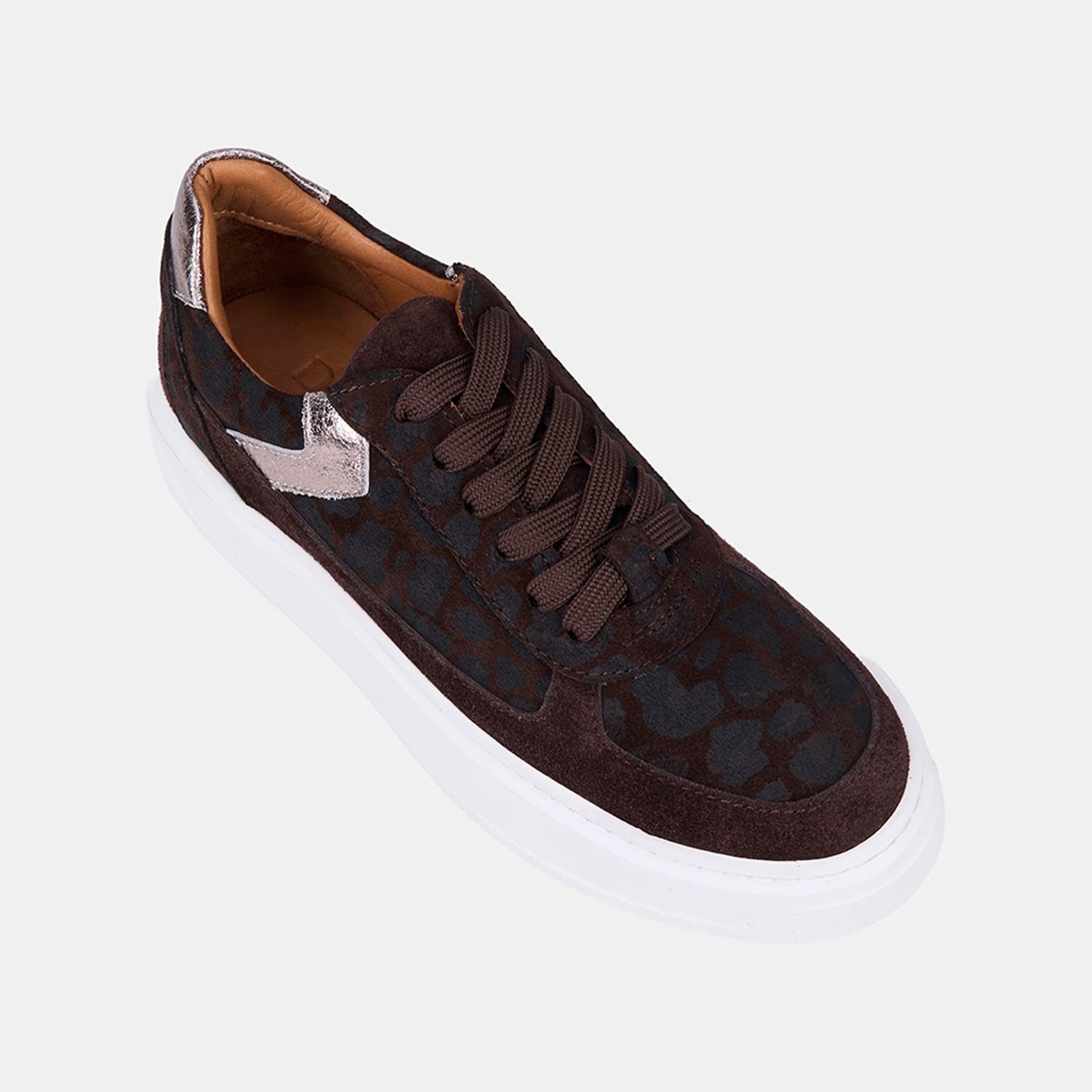 Kadın Kahve Bağcıklı Desenli Kalın Beyaz Tabanlı Süet Sneaker