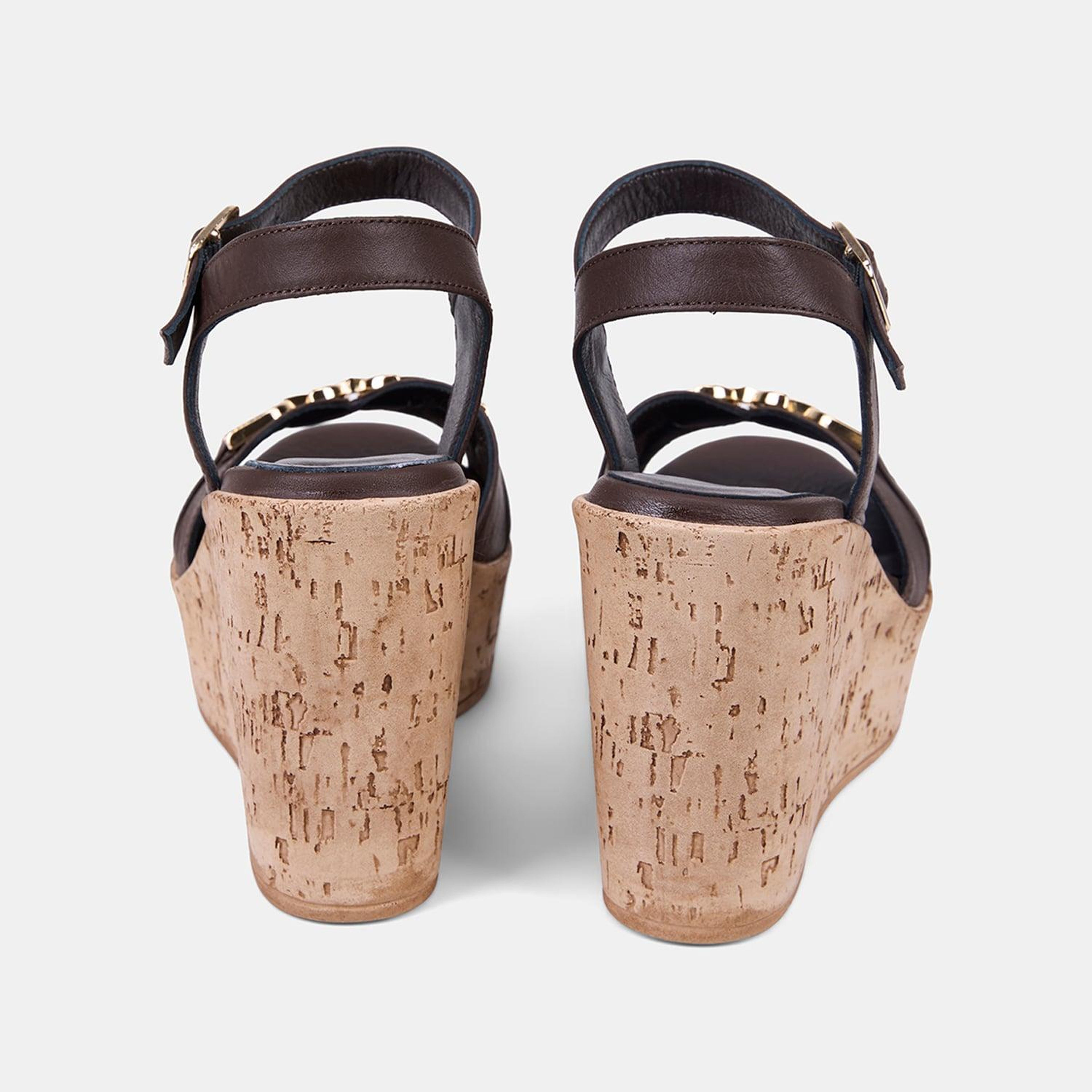 Kadın Acı Kahve Gold Aksesuarlı Dolgu Topuklu Deri Sandalet