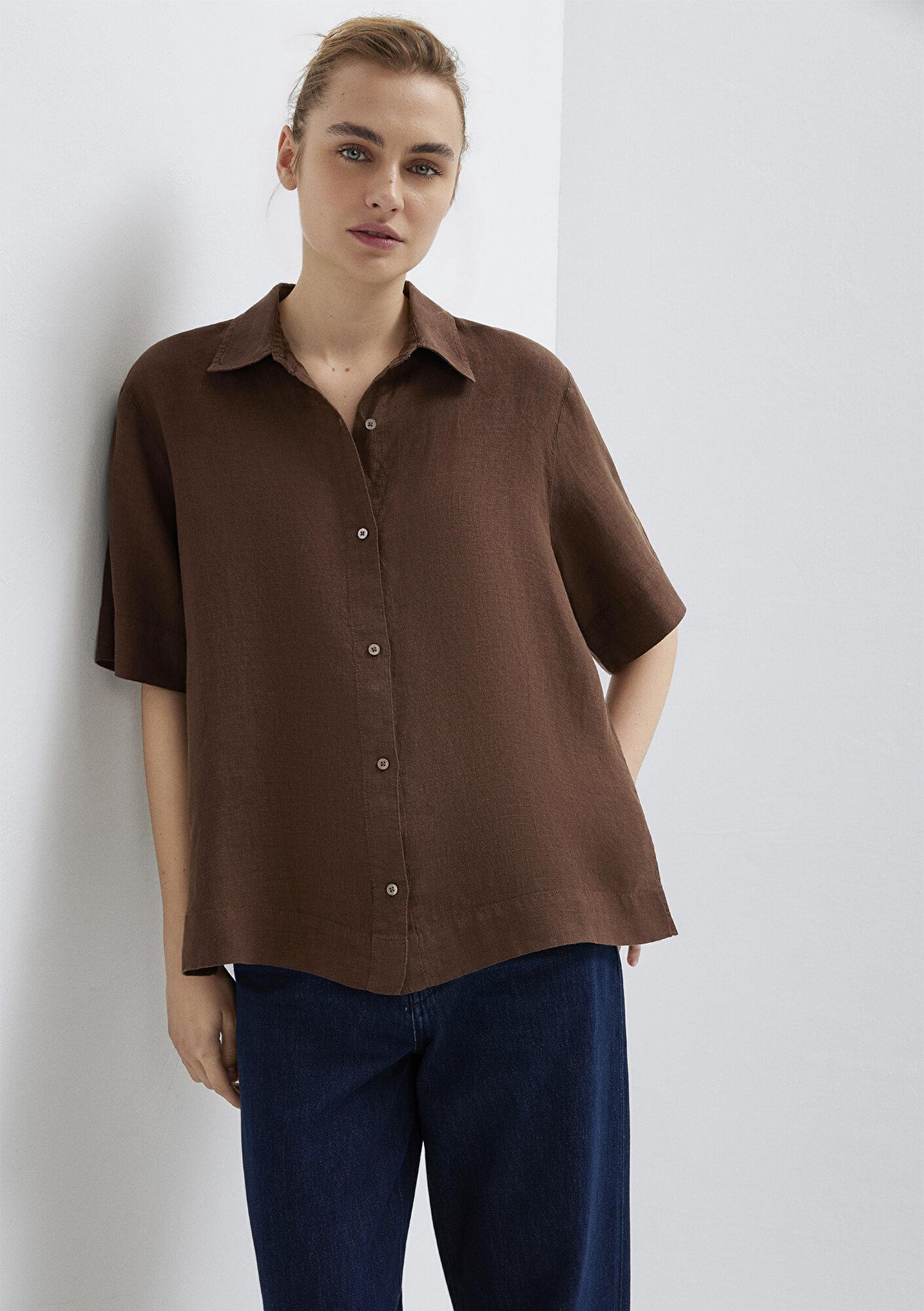 Mavi Kahverengi Keten Gömlek Oversize / Geniş Kesim 1211532-70238