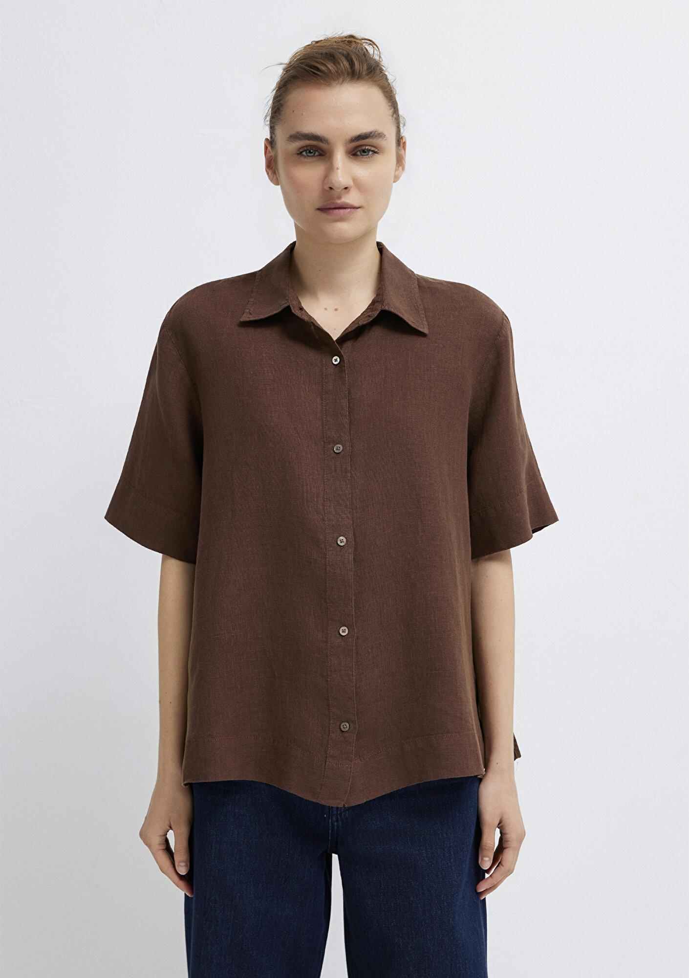 Mavi Kahverengi Keten Gömlek Oversize / Geniş Kesim 1211532-70238