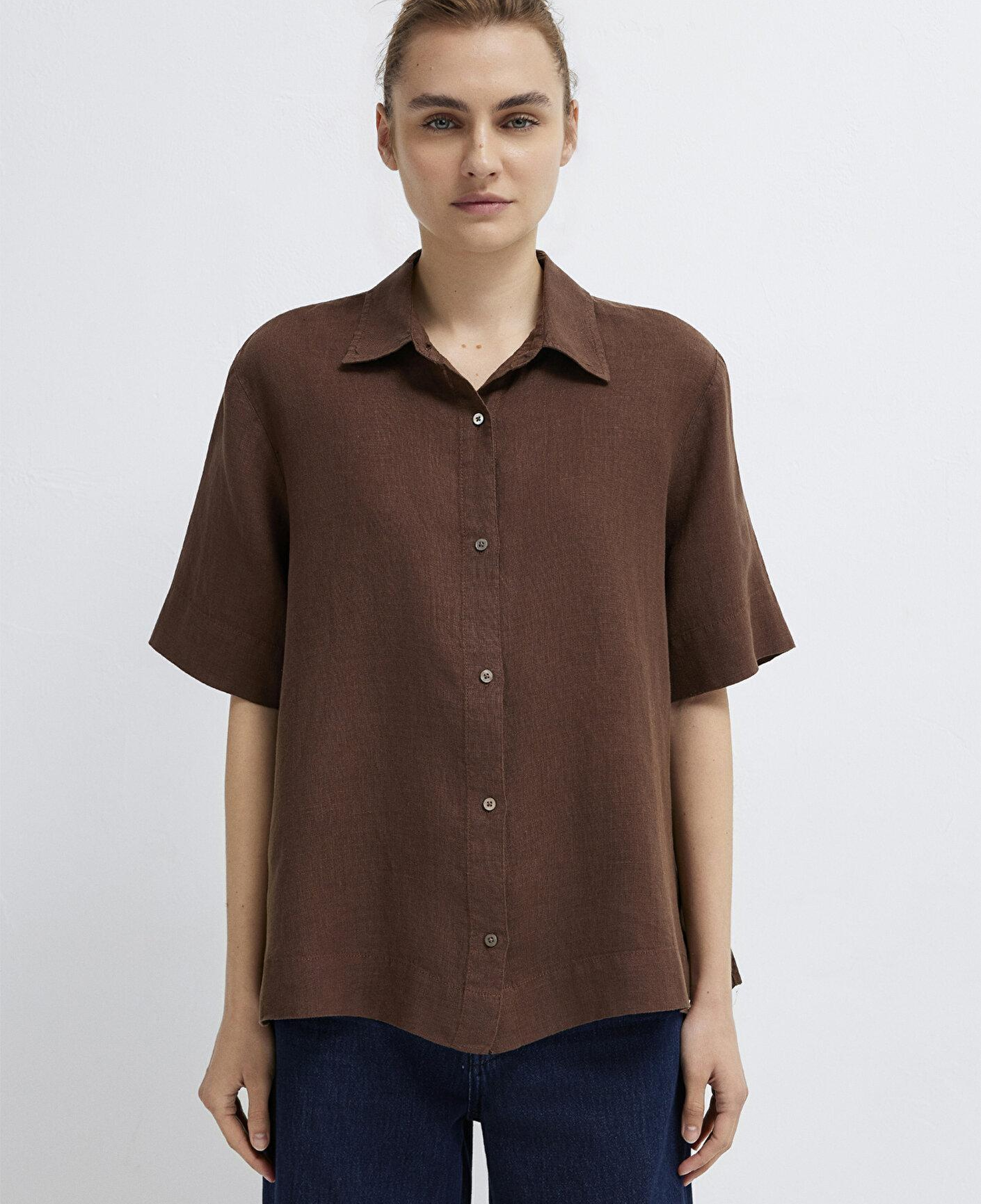 Mavi Kahverengi Keten Gömlek Oversize / Geniş Kesim 1211532-70238