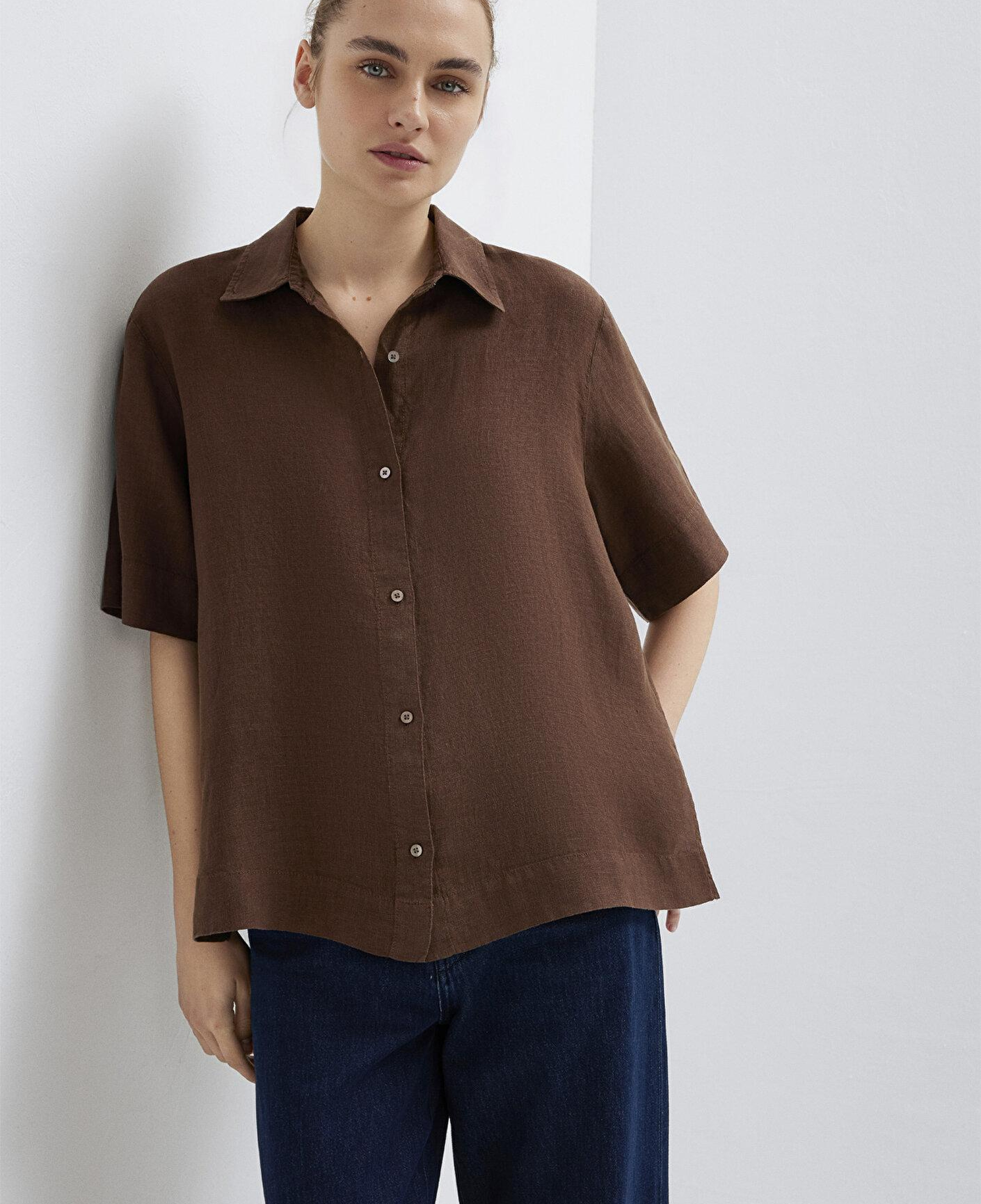 Mavi Kahverengi Keten Gömlek Oversize / Geniş Kesim 1211532-70238