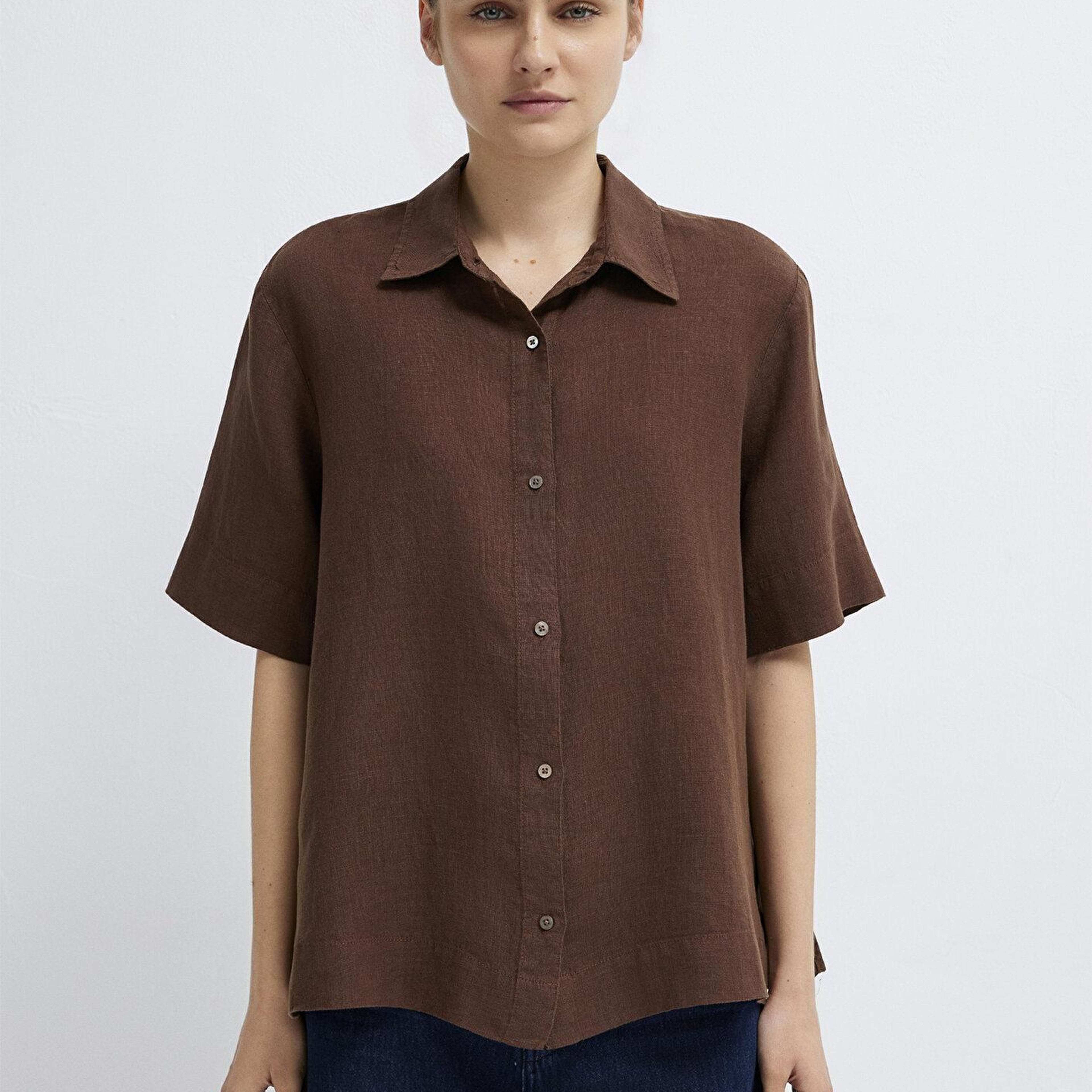 Mavi Kahverengi Keten Gömlek Oversize / Geniş Kesim 1211532-70238