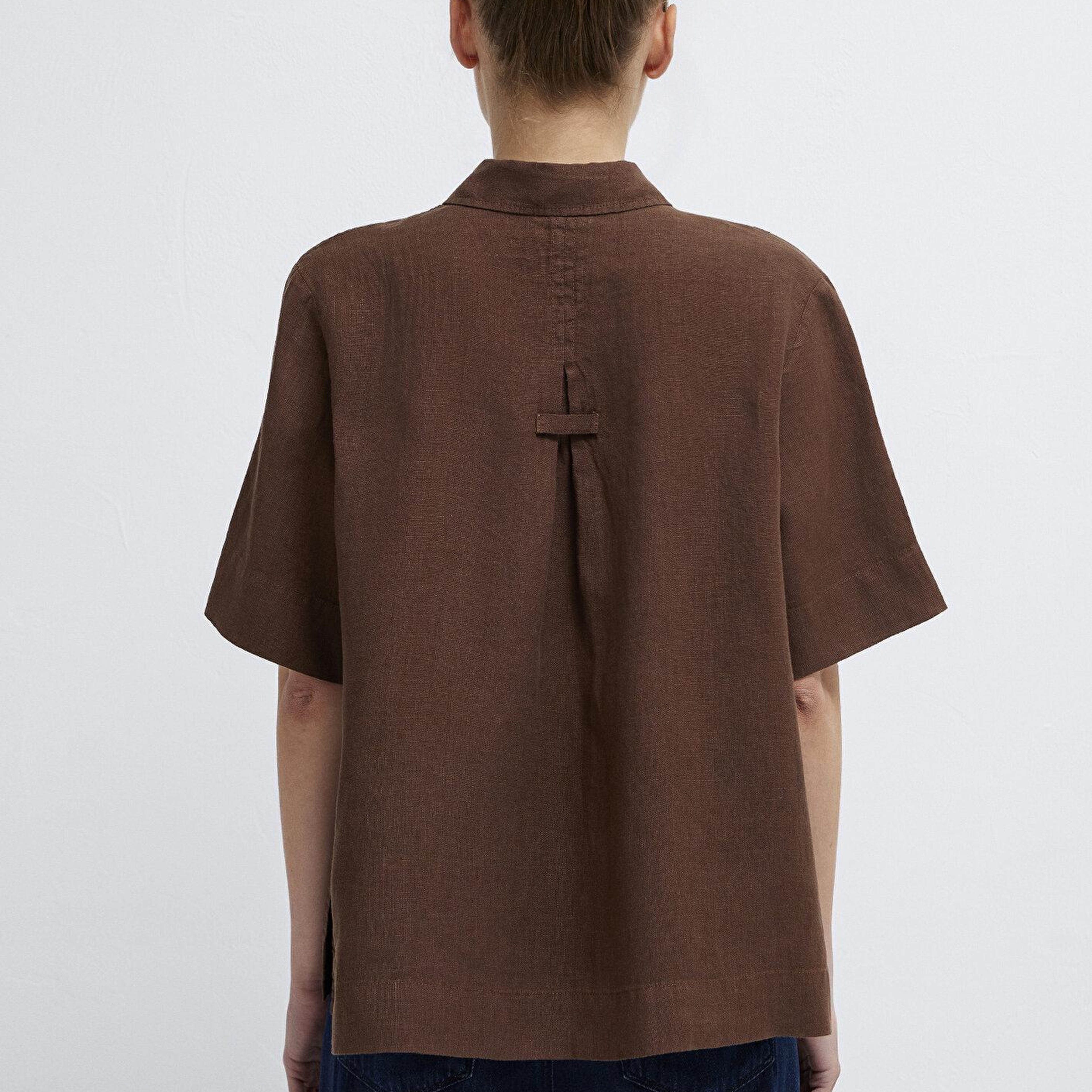 Mavi Kahverengi Keten Gömlek Oversize / Geniş Kesim 1211532-70238