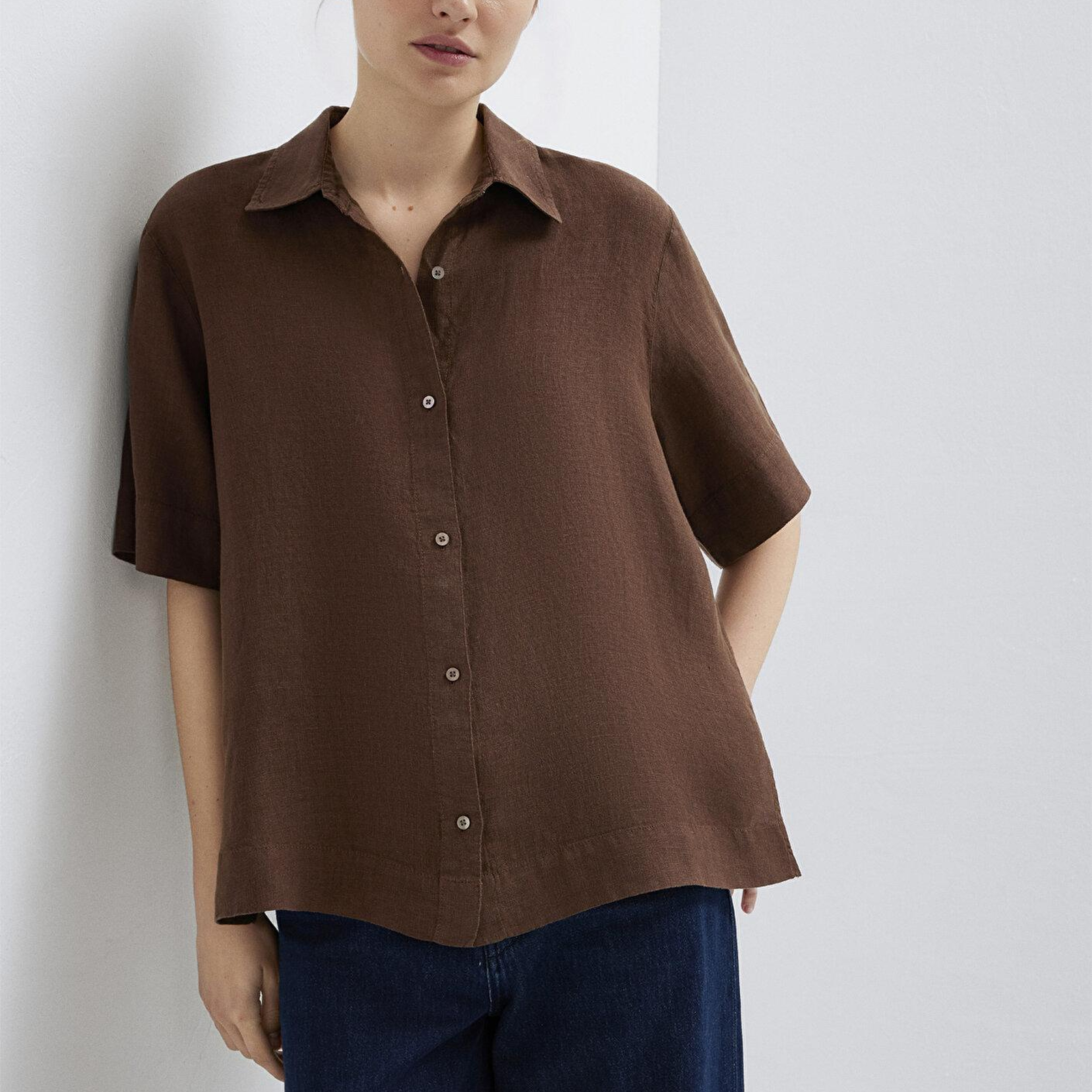 Mavi Kahverengi Keten Gömlek Oversize / Geniş Kesim 1211532-70238