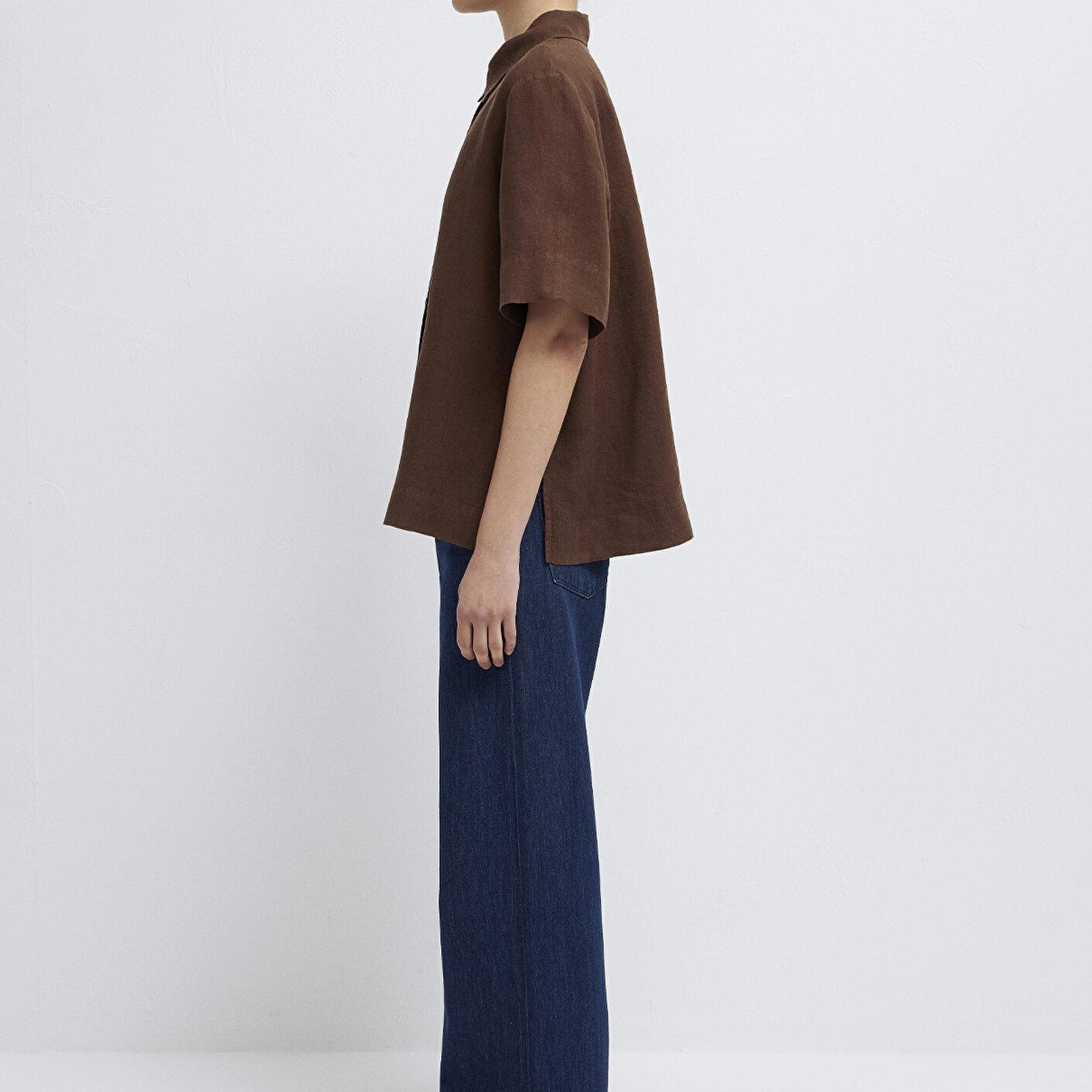 Mavi Kahverengi Keten Gömlek Oversize / Geniş Kesim 1211532-70238
