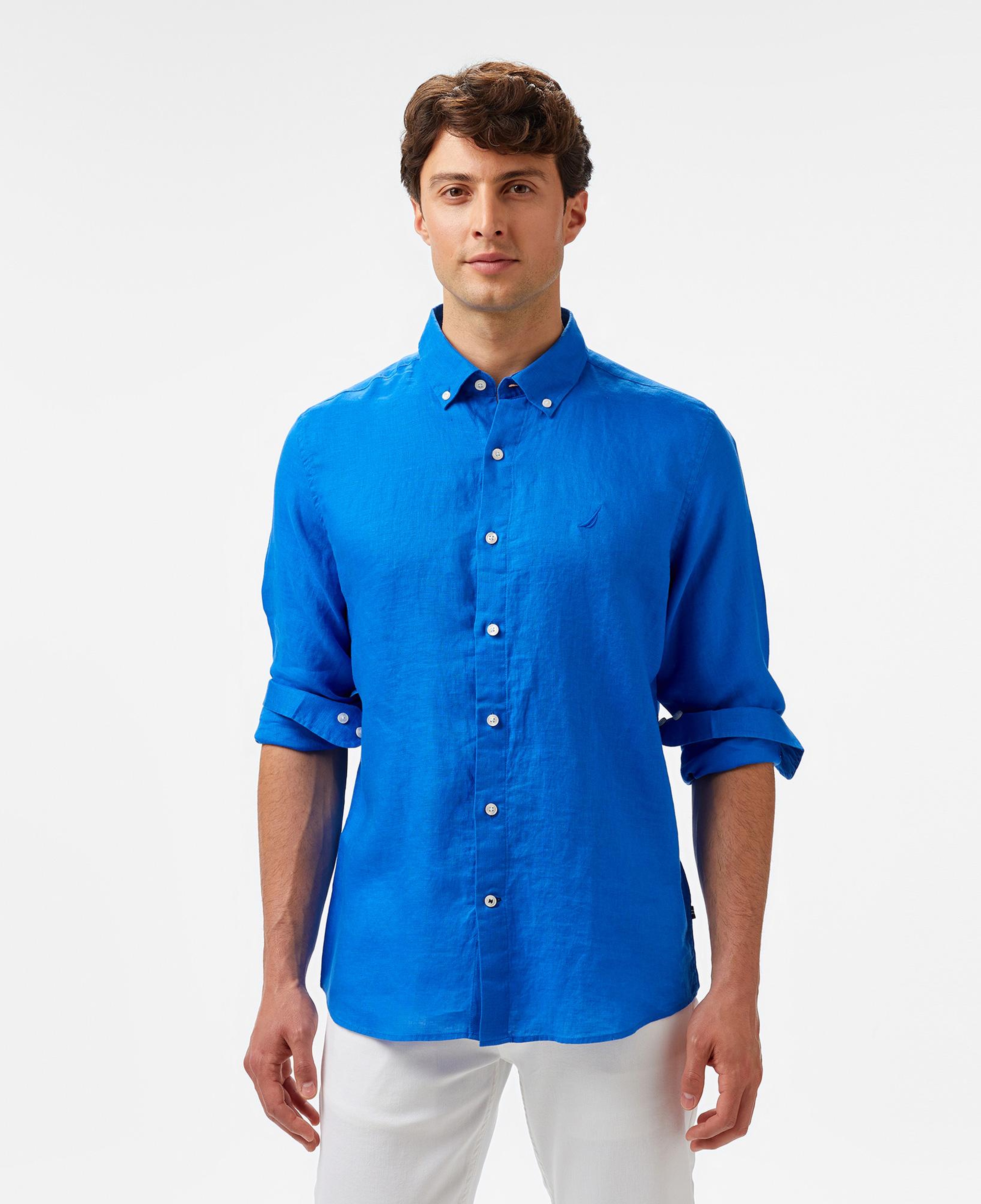 Nautica Erkek Mavi Classic Fit Keten Gömlek
