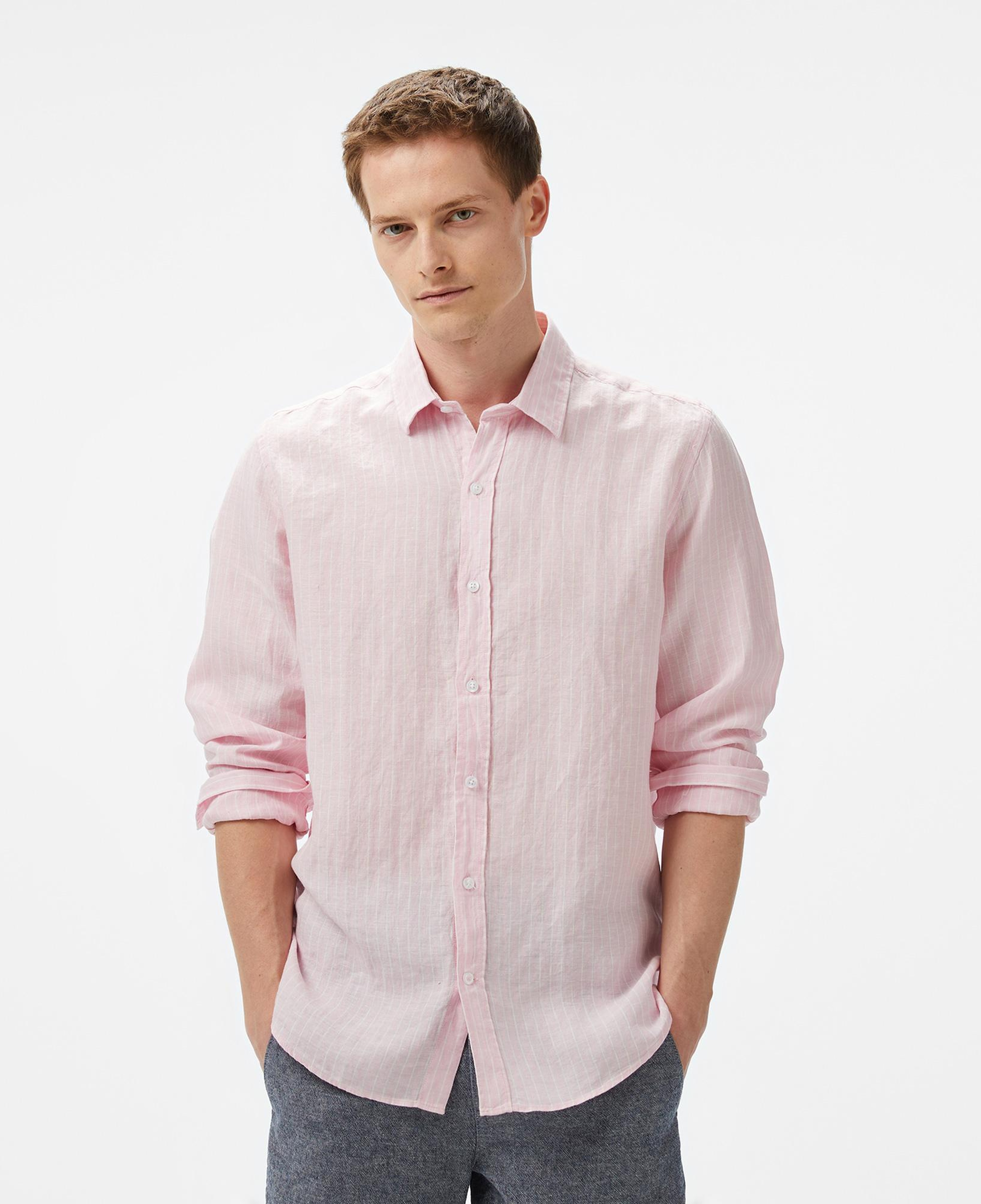 Nautica Erkek Pembe Classic Fit Çizgili Keten Gömlek