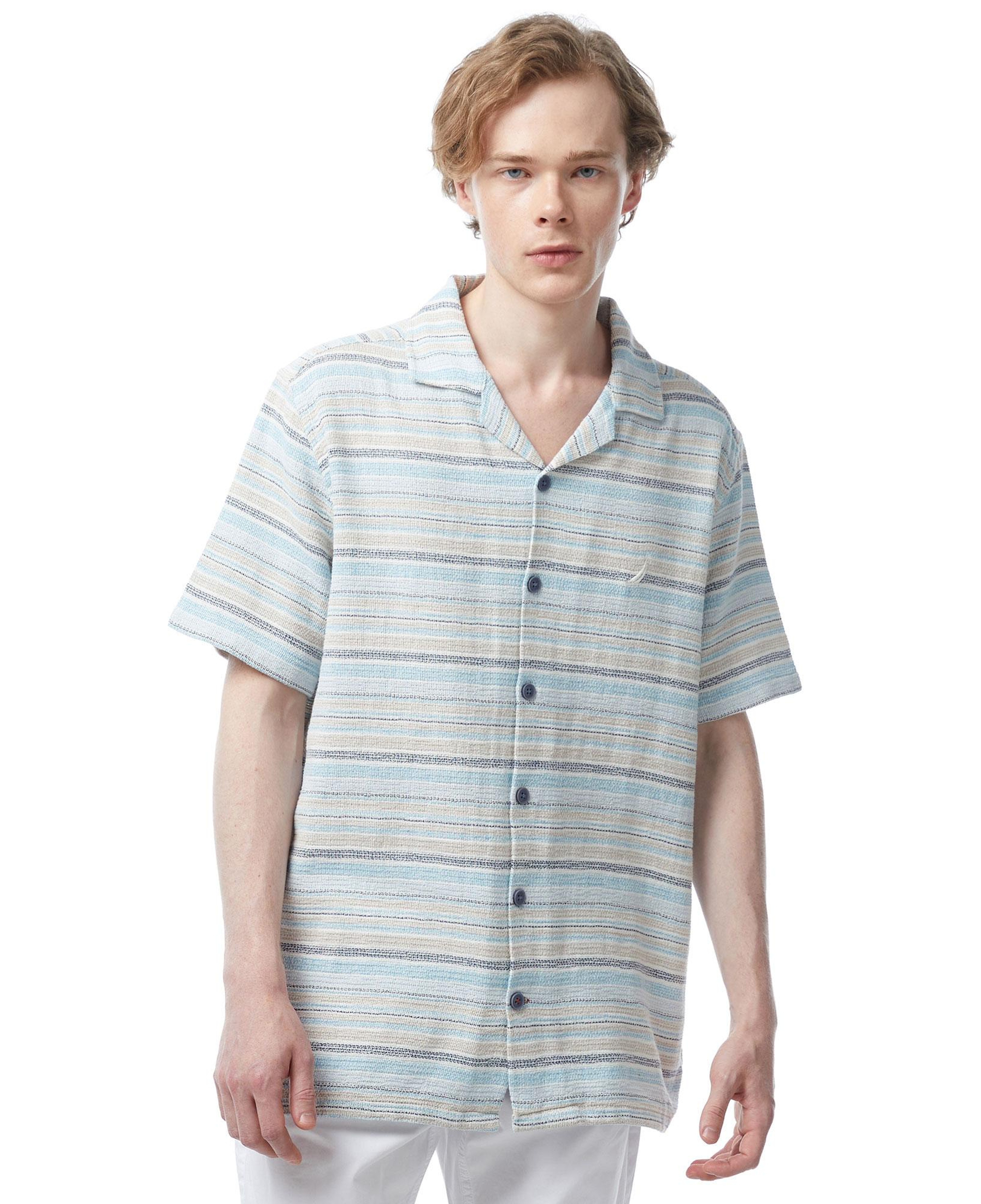 Nautica Erkek Mavi Classic Fit Kısa Kollu Çizgili Gömlek