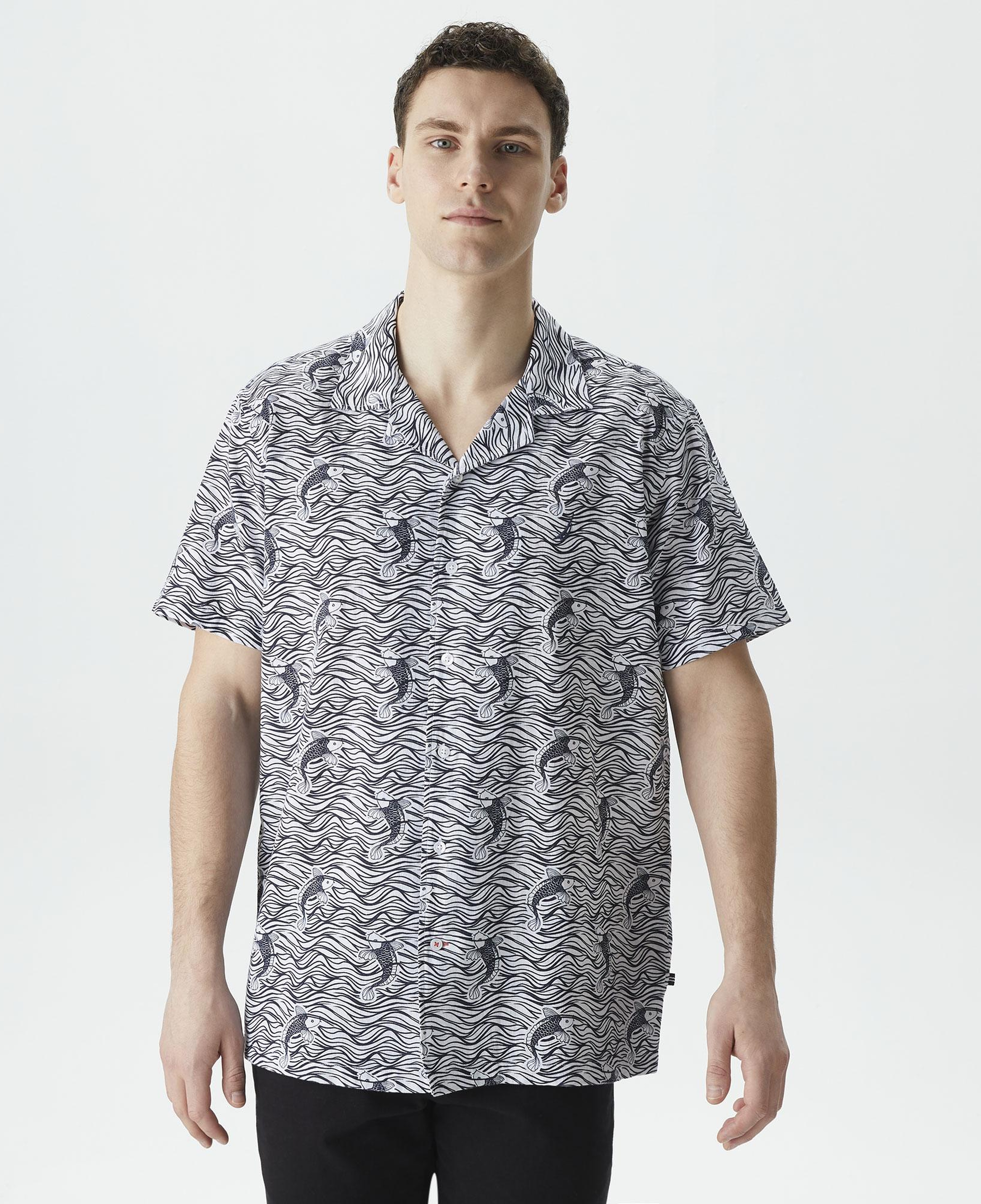 Nautica Erkek Beyaz Classic Fit Kısa Kollu Desenli Keten Gömlek