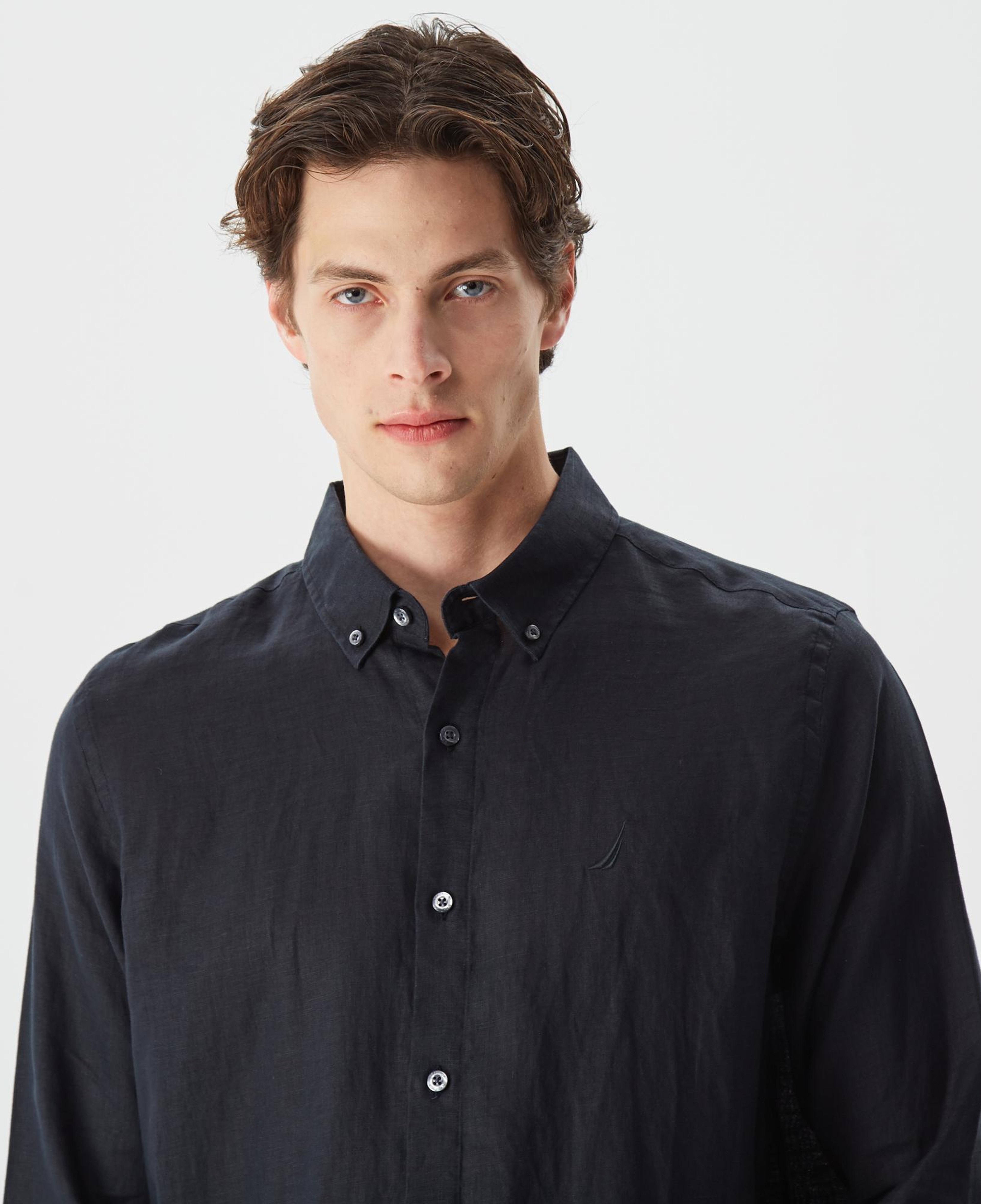 Nautica Erkek Siyah Classic Fit Uzun Kollu Keten Gömlek
