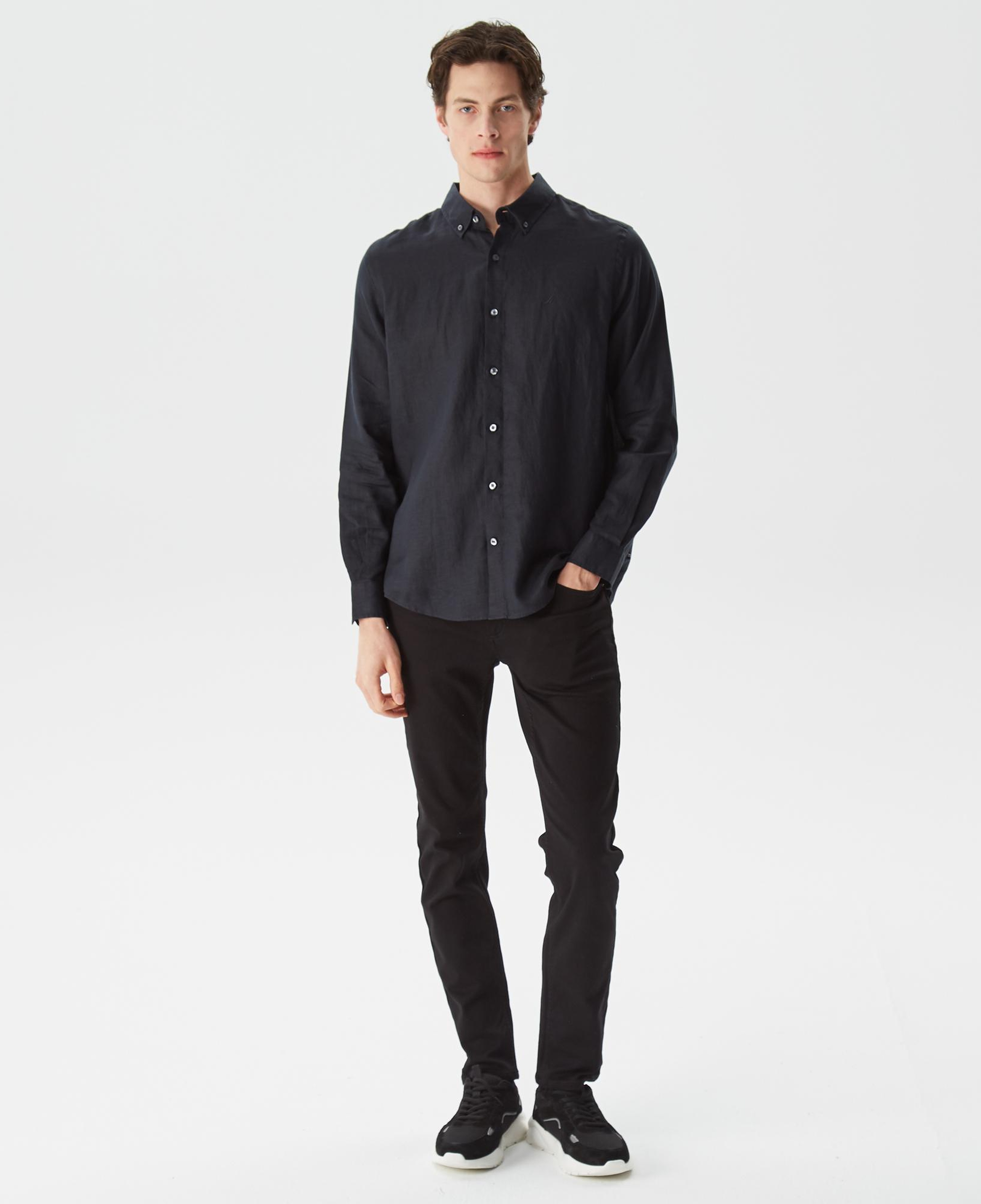 Nautica Erkek Siyah Classic Fit Uzun Kollu Keten Gömlek