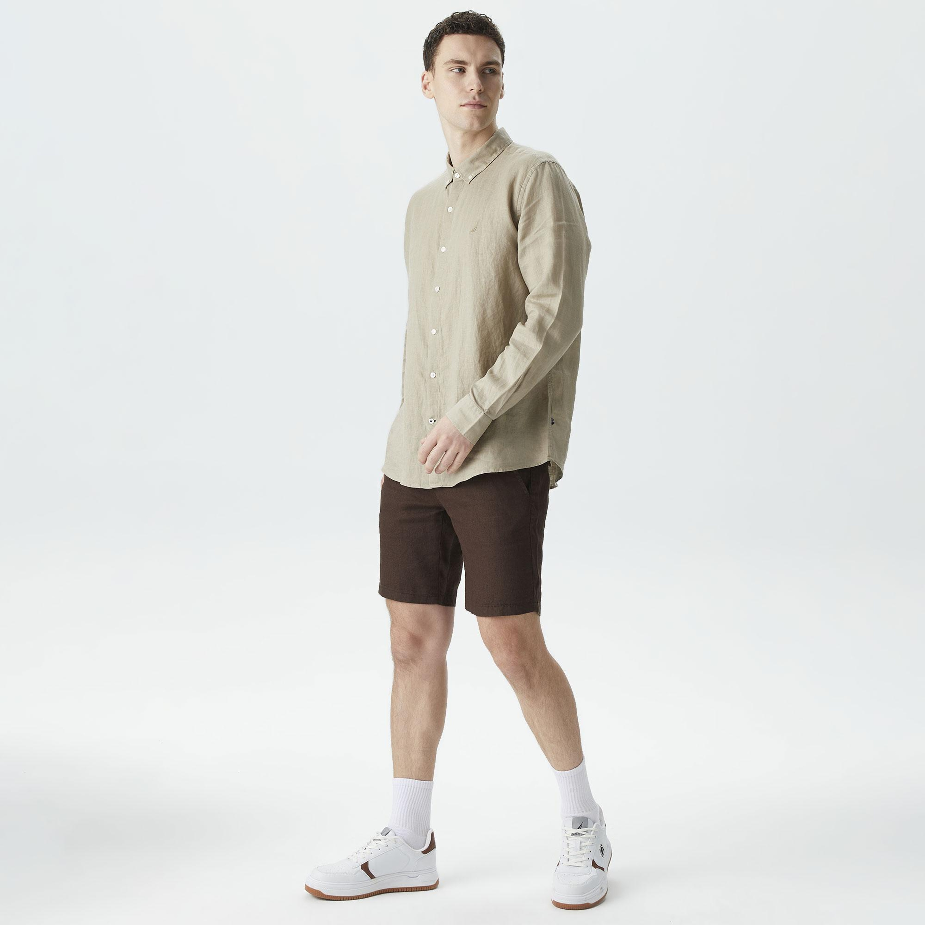 Nautica Erkek Bej Classic Fit Uzun Kollu Keten Gömlek
