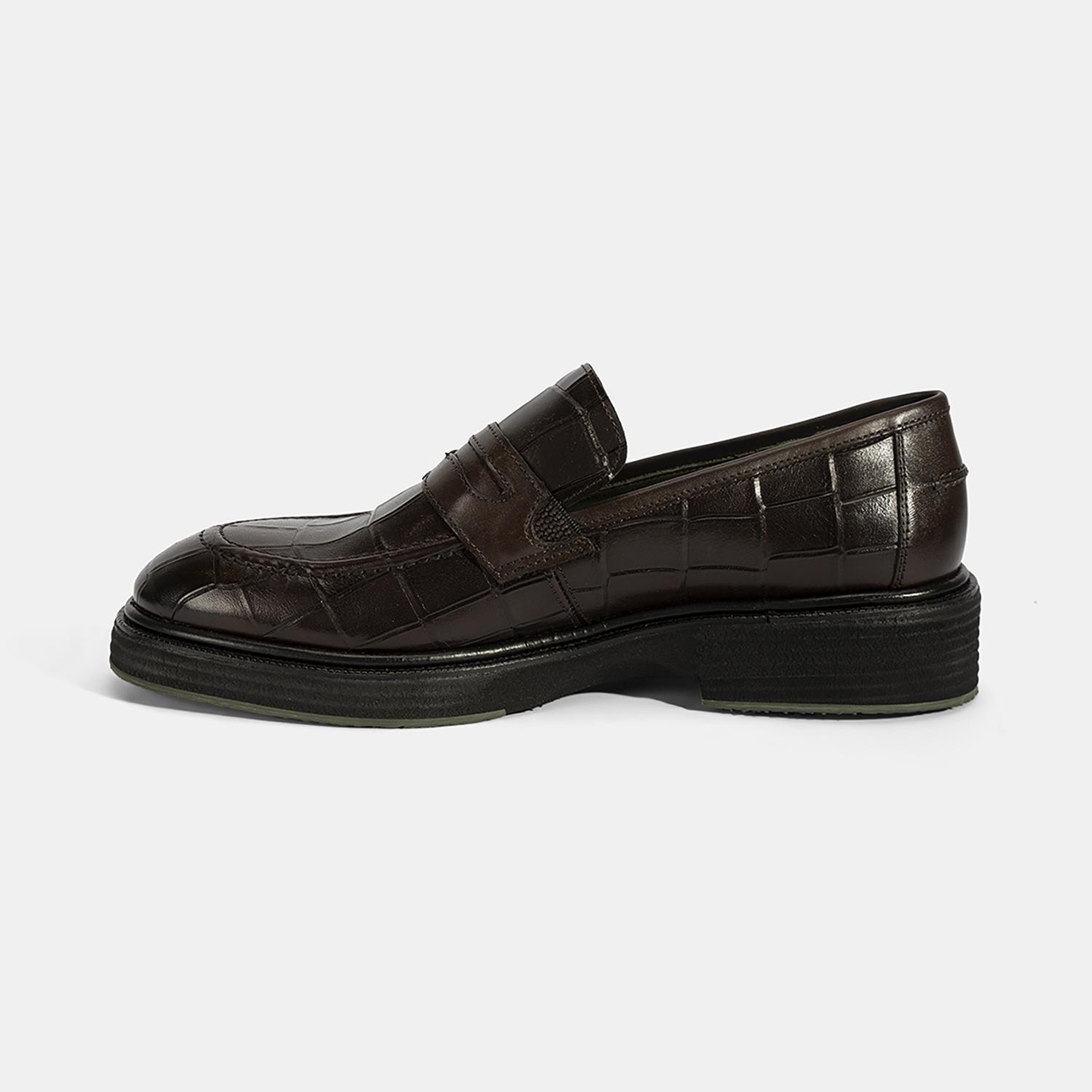 Erkek Kahve Kroko Baskılı Deri Loafer