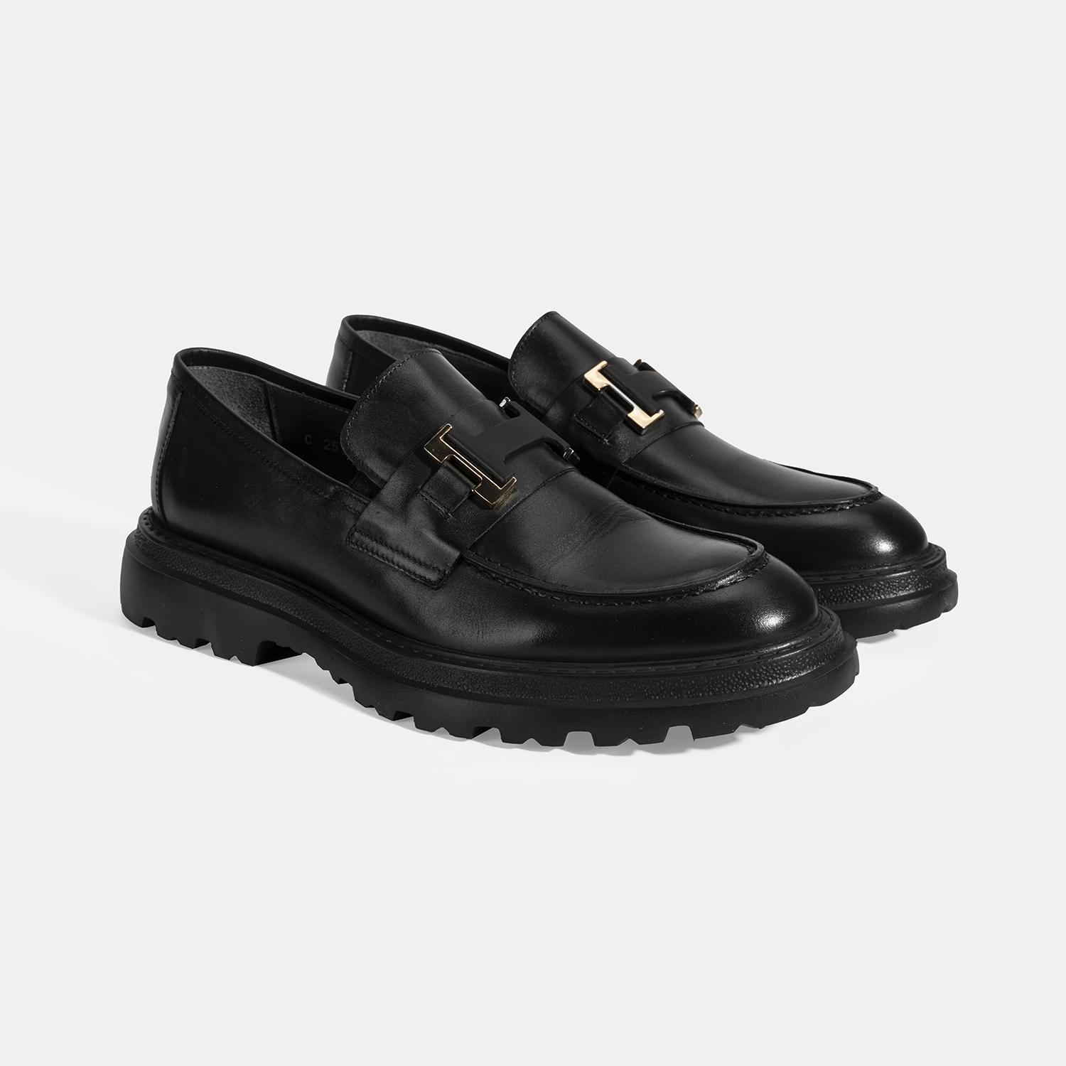 Erkek Siyah Metal Toka Detaylı Deri Loafer