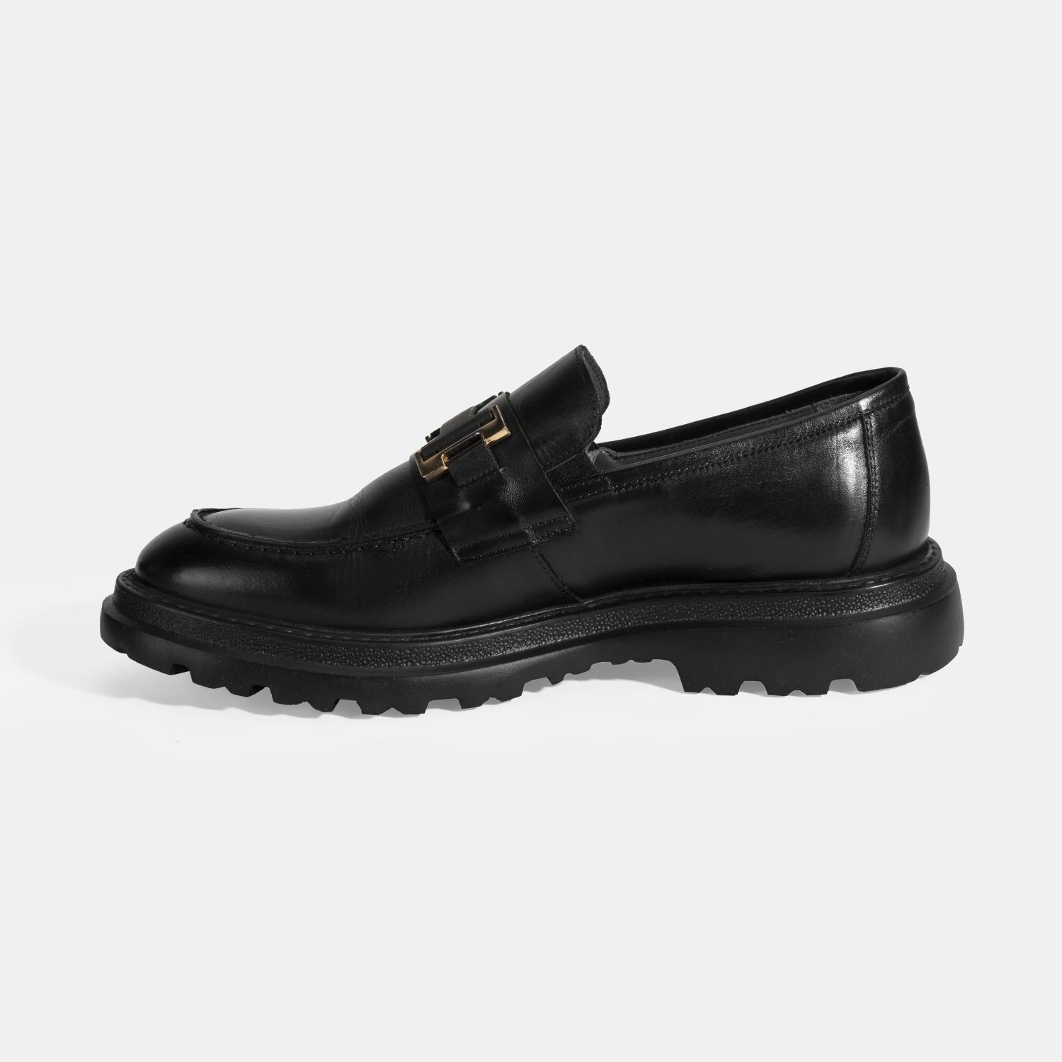 Erkek Siyah Metal Toka Detaylı Deri Loafer