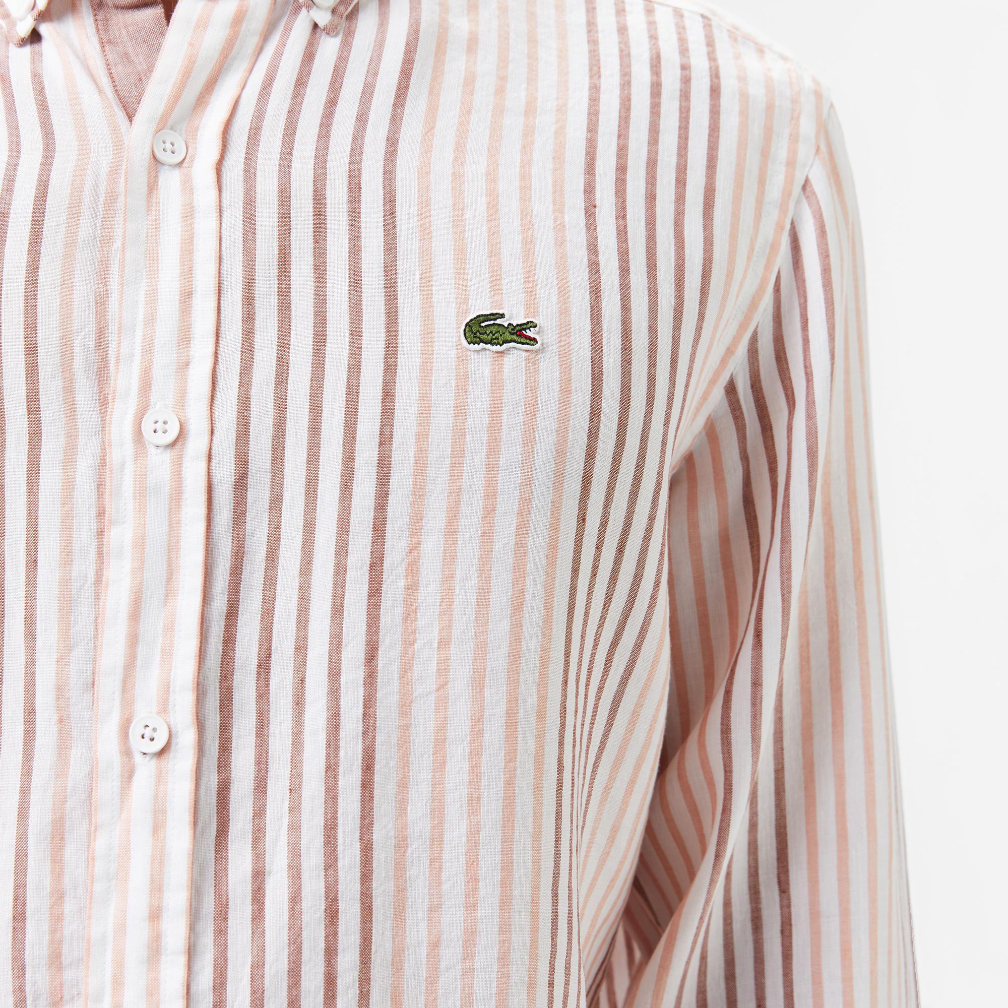 Lacoste Erkek Regular Fit Çizgili Keten Kahverengi Gömlek
