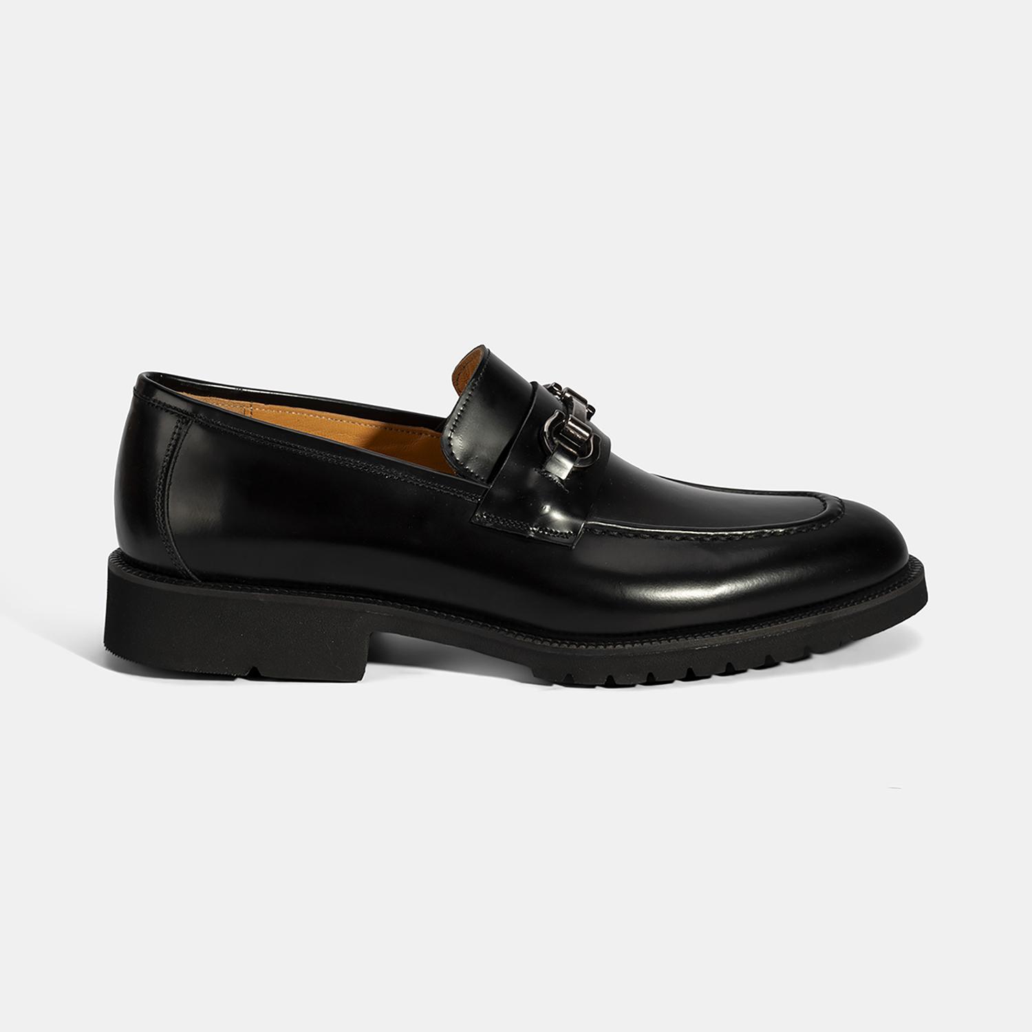 Erkek Siyah Metal Aksesuarlı Deri Loafer