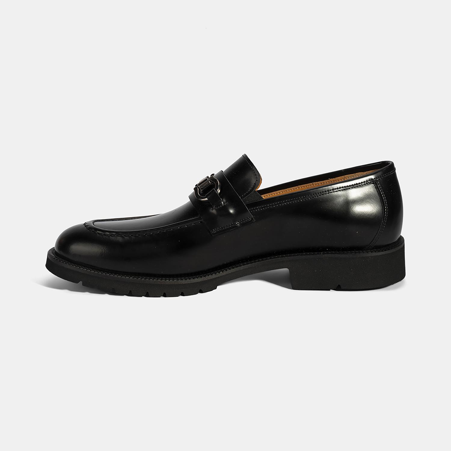 Erkek Siyah Metal Aksesuarlı Deri Loafer
