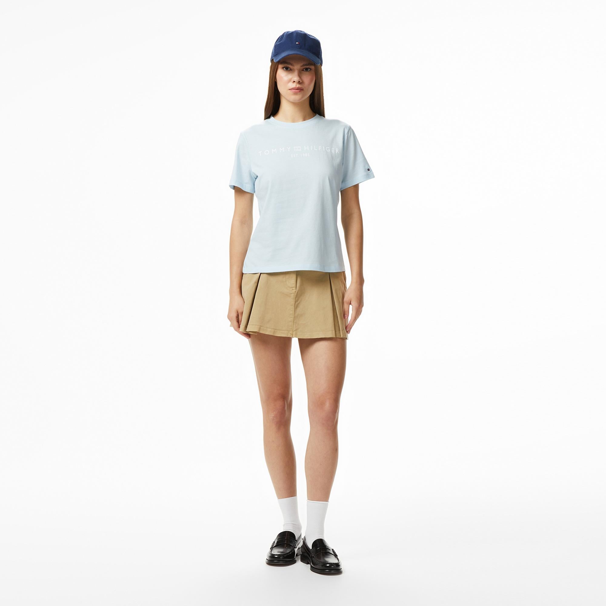 Tommy Hilfiger Corp Logo Kadın Mavi Crop T-Shirt