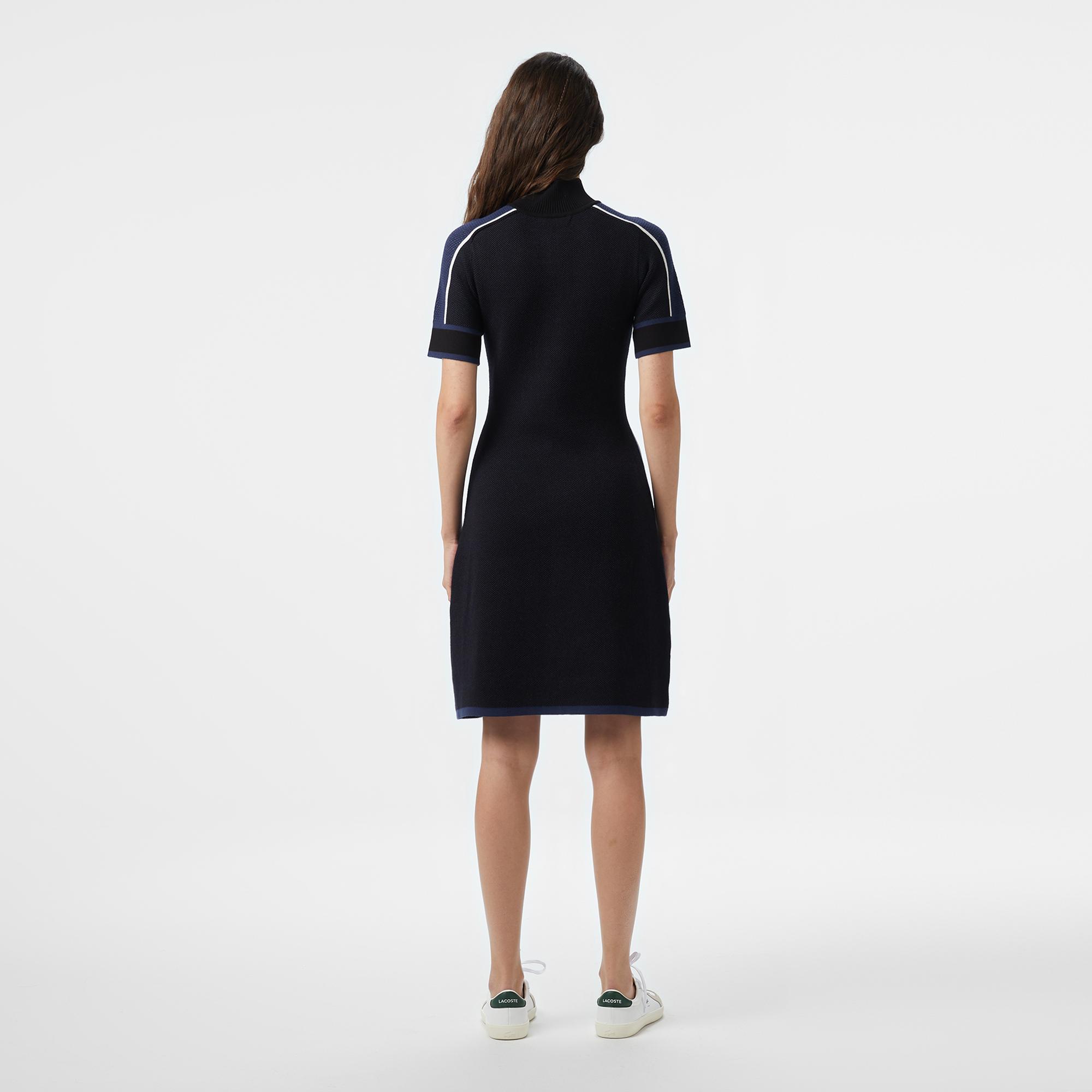 Lacoste Kadın Classic Fit Kısa Kollu Yarım Fermuarlı Renk Bloklu Siyah Elbise