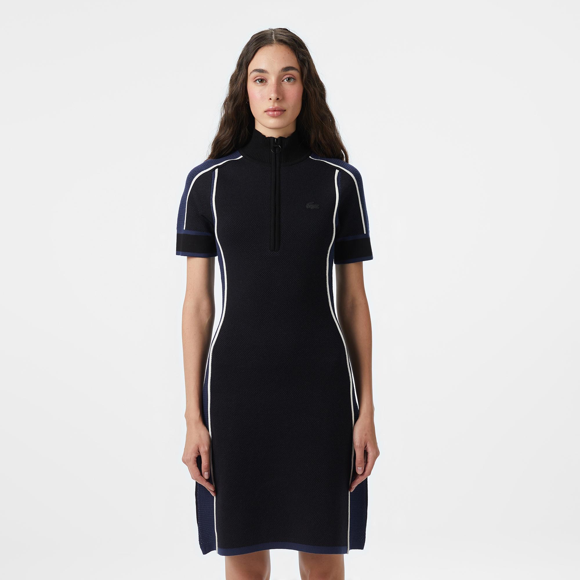 Lacoste Kadın Classic Fit Kısa Kollu Yarım Fermuarlı Renk Bloklu Siyah Elbise