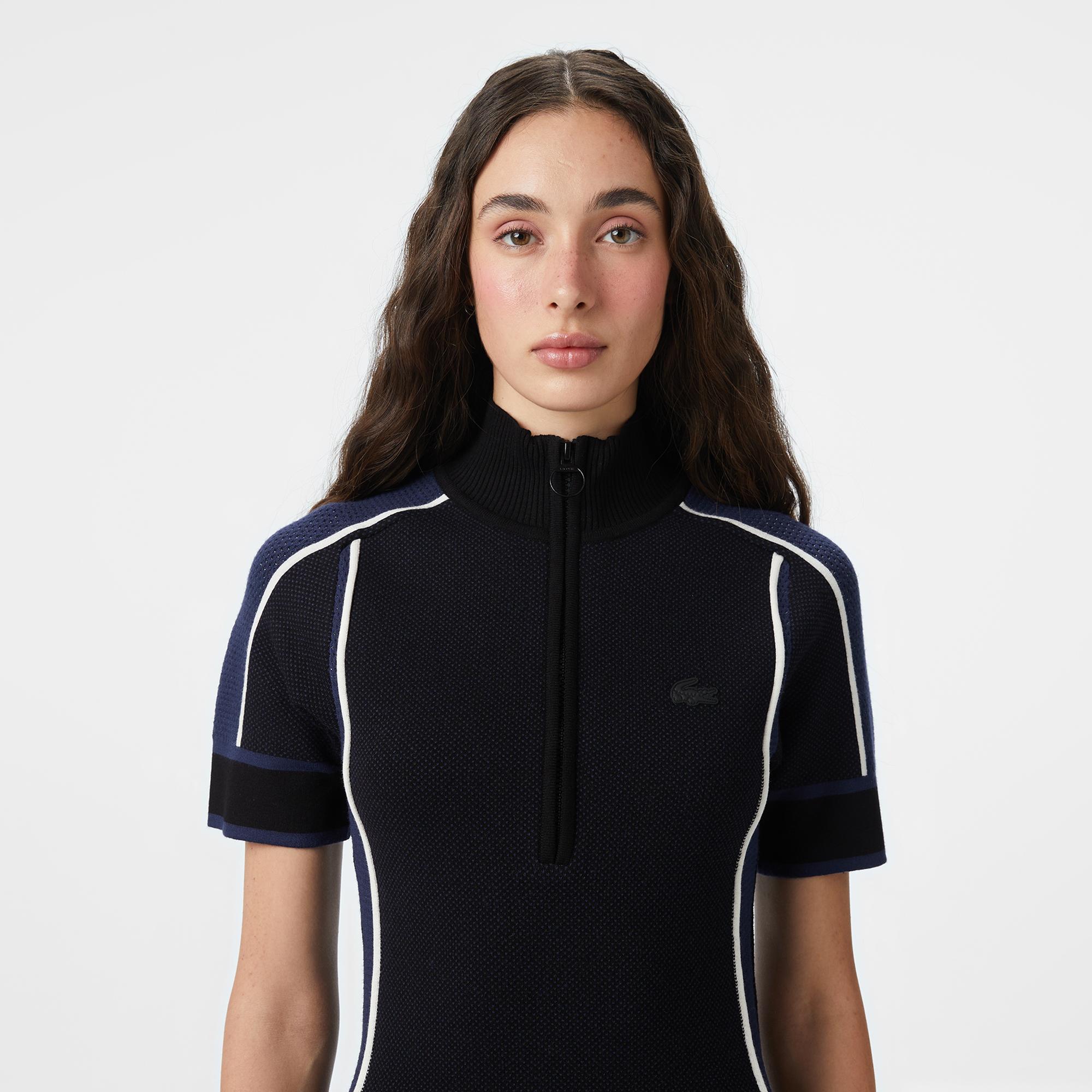Lacoste Kadın Classic Fit Kısa Kollu Yarım Fermuarlı Renk Bloklu Siyah Elbise