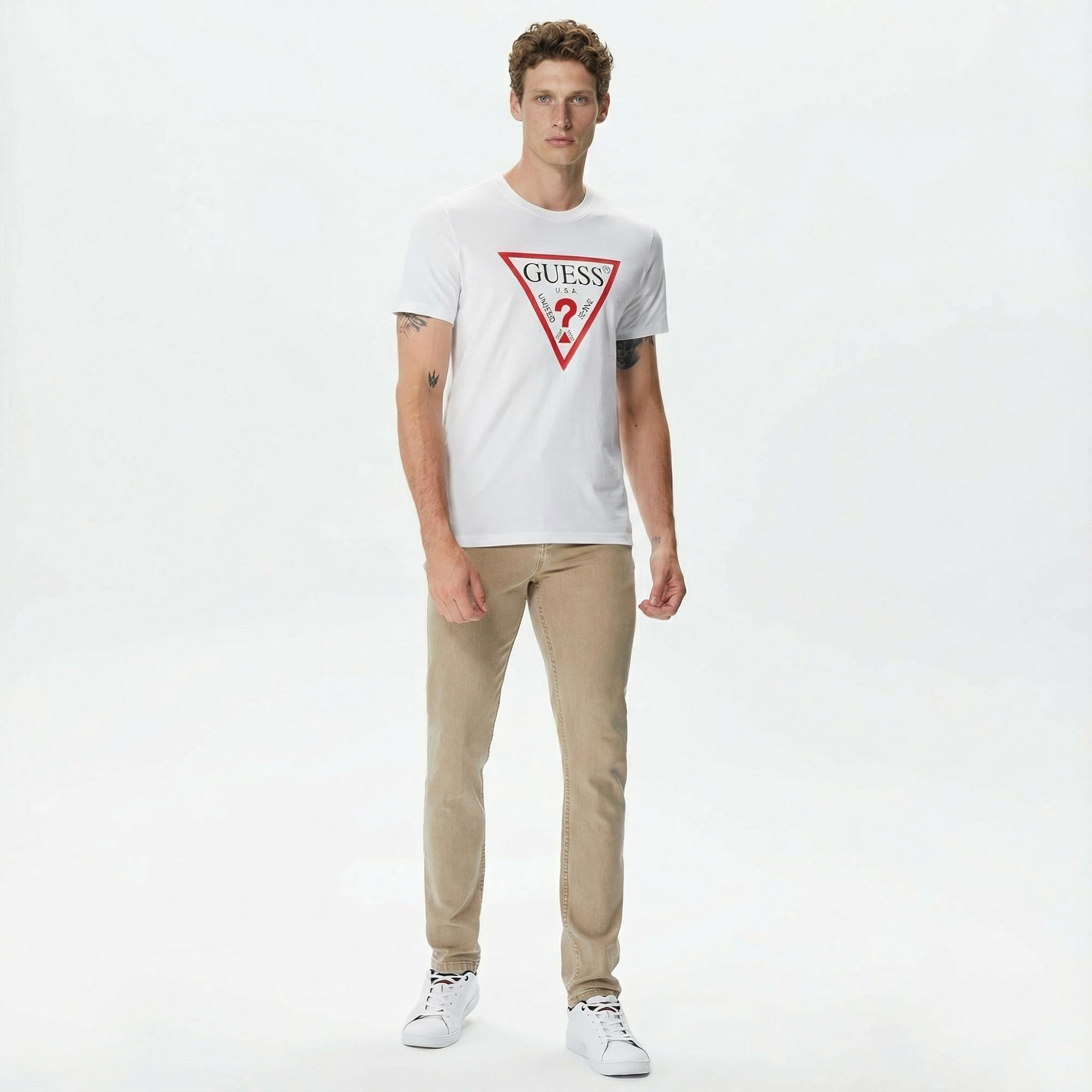 Guess Original Logo Mid Organic Stream Jersey Erkek Beyaz T-Shirt