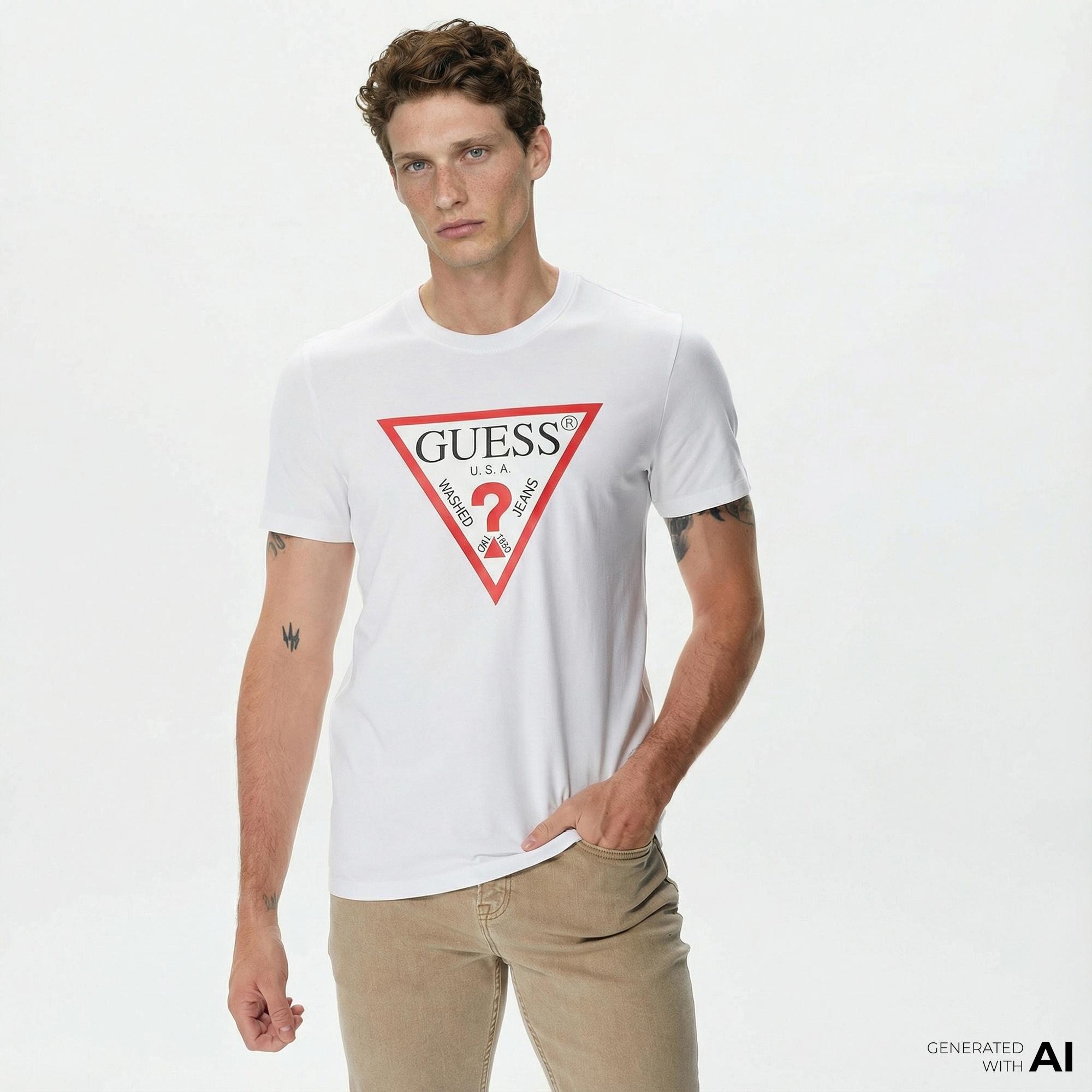 Guess Original Logo Mid Organic Stream Jersey Erkek Beyaz T-Shirt