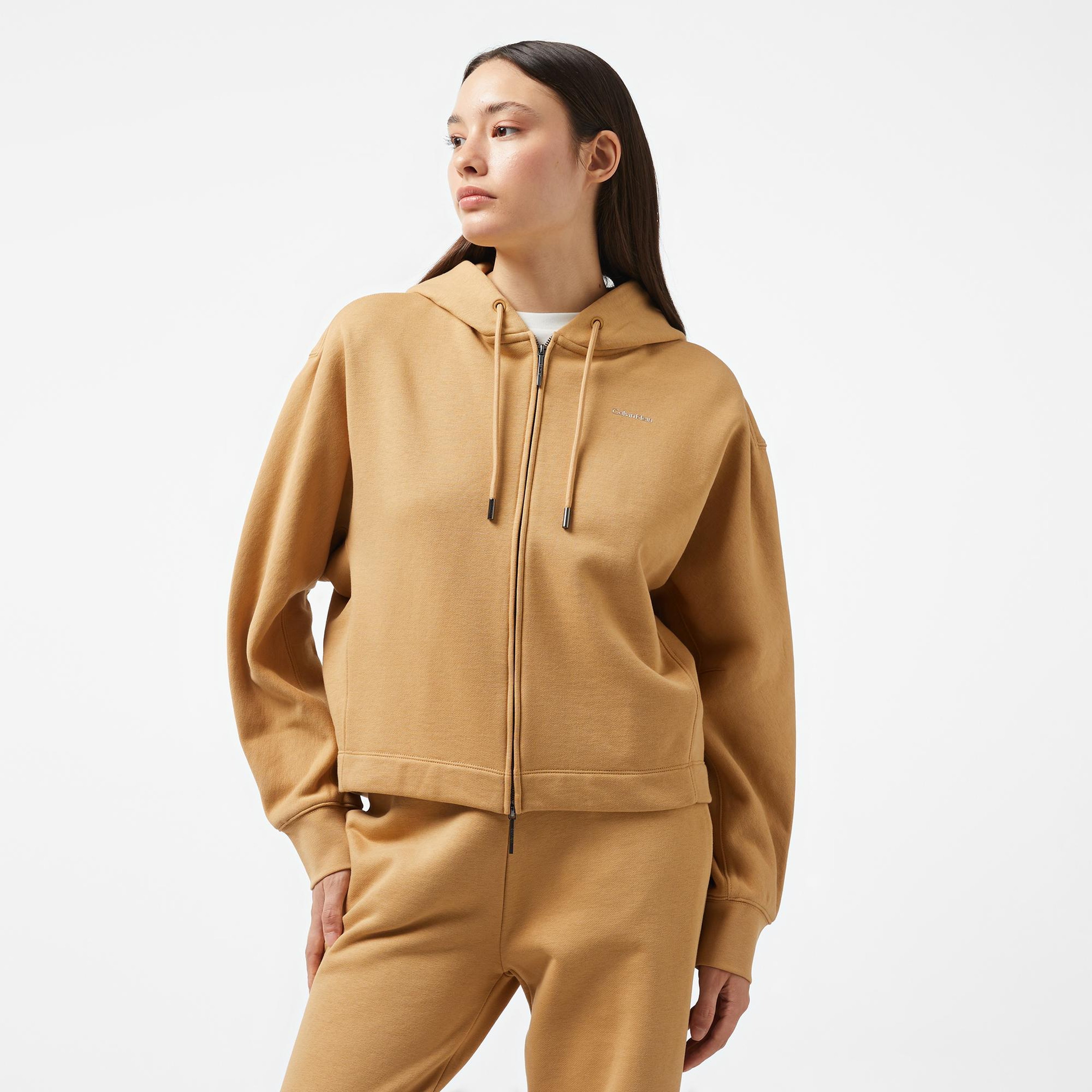 Calvin Klein Nano Logo Zip Relaxed Kadın Kahverengi Hoodie