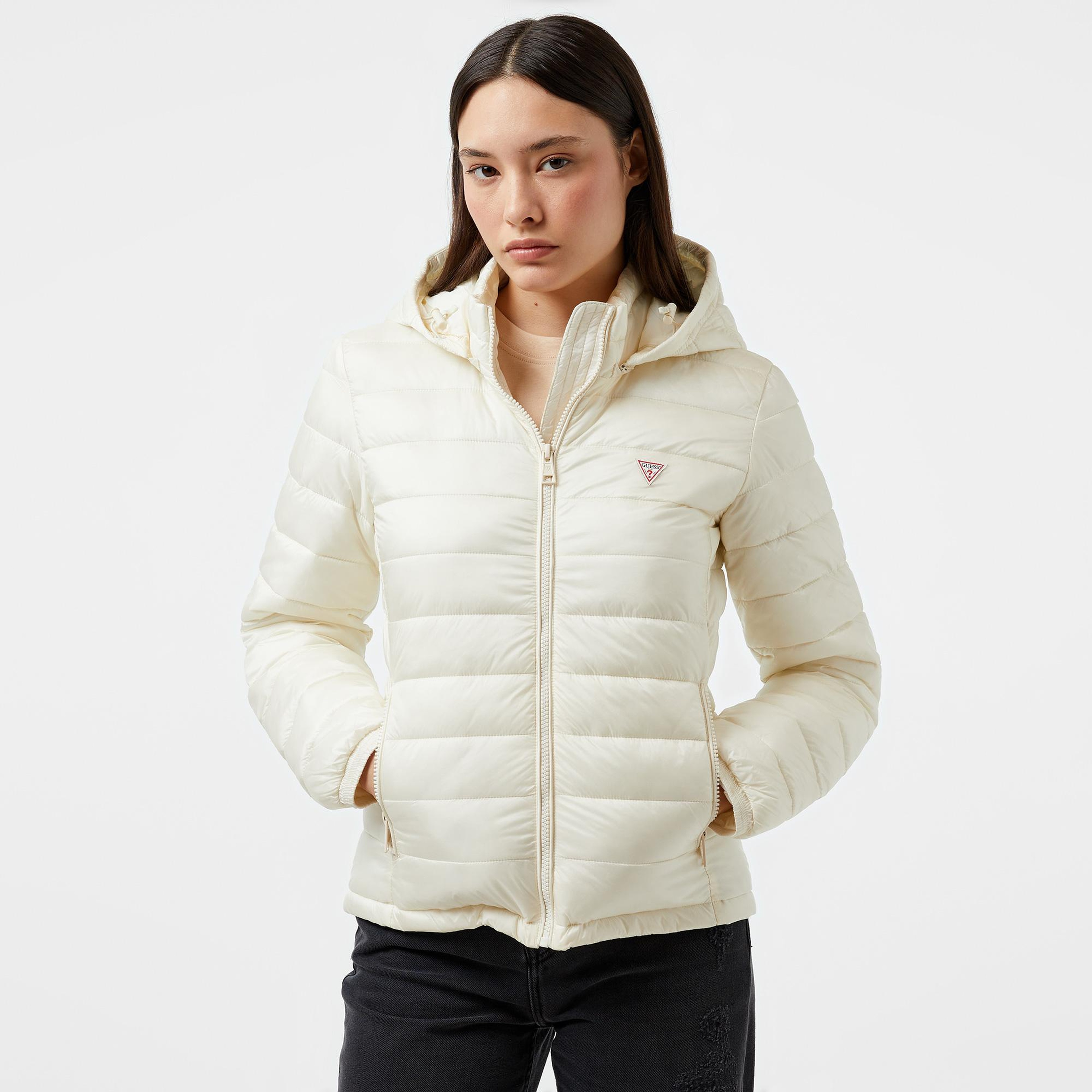 Guess Hooded Puffer Iridescent Nylon 40 Kadın Krem Rengi Mont