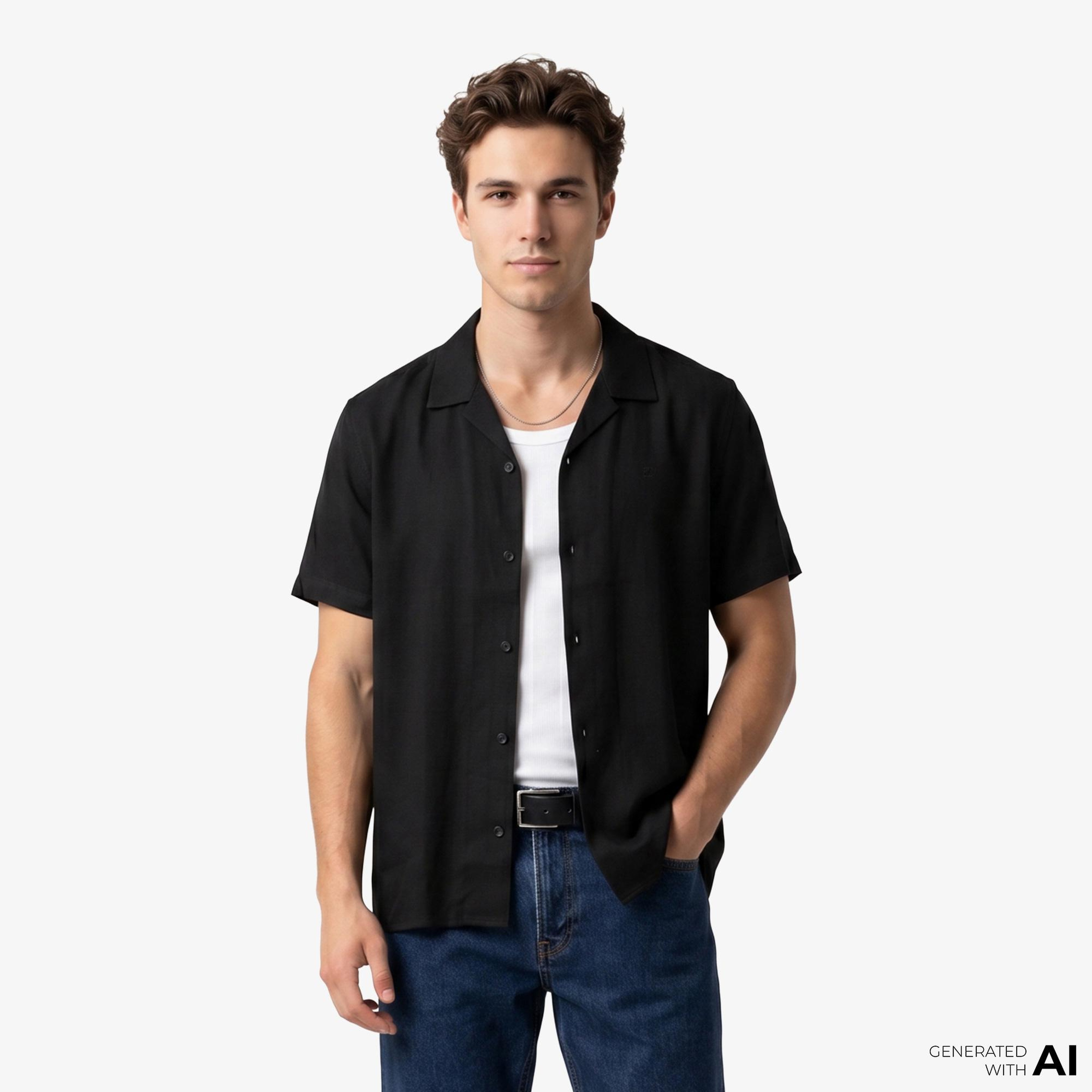 Calvin Klein Camp Collar Solid Linen Class Erkek Siyah Gömlek