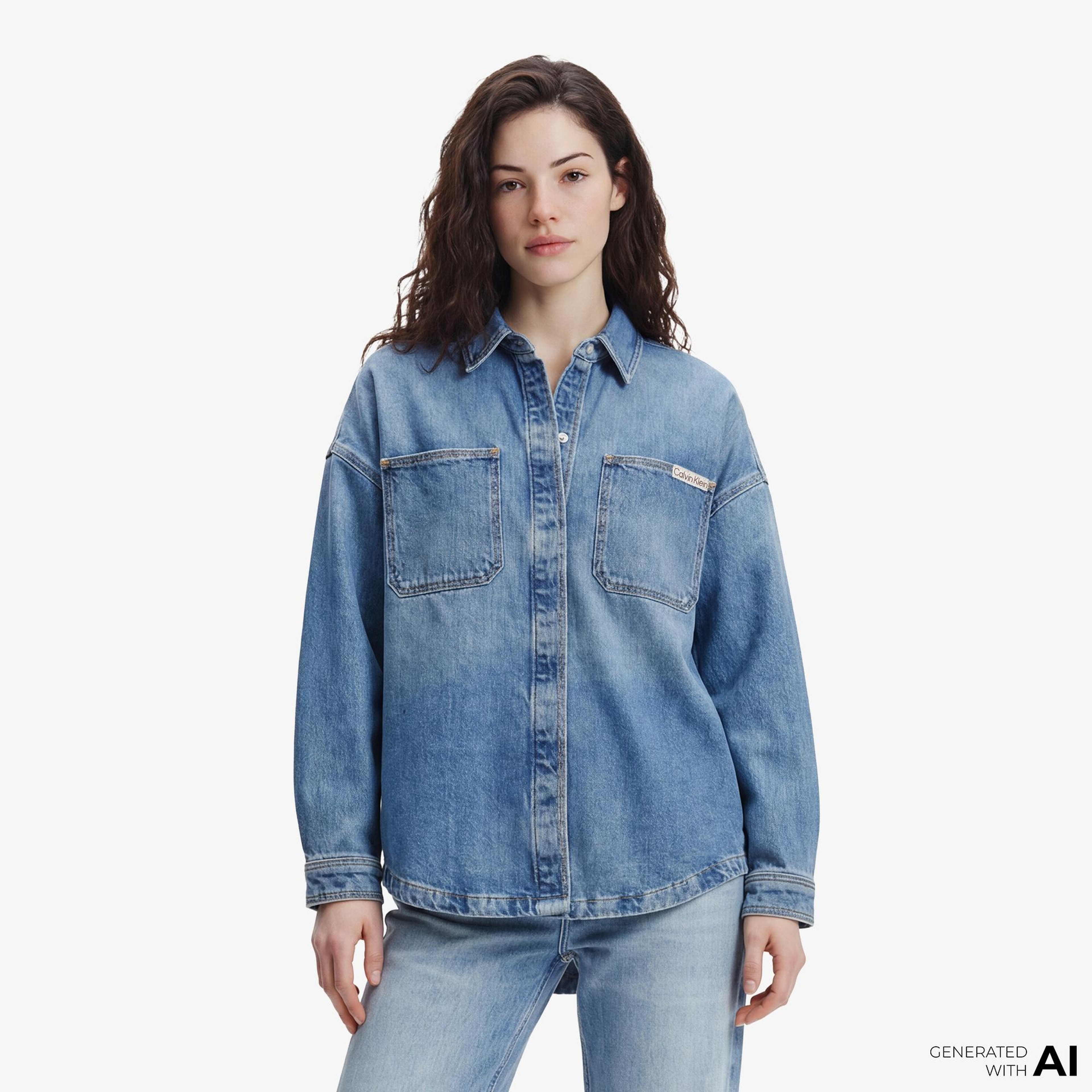 Calvin Klein Denim Boyfriend Overnight Kadın Mavi Gömlek