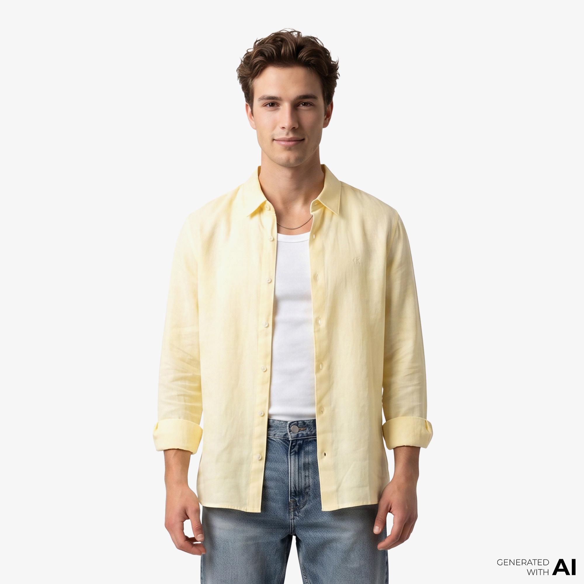 Calvin Klein Solid Linen Classic Erkek Beyaz Gömlek