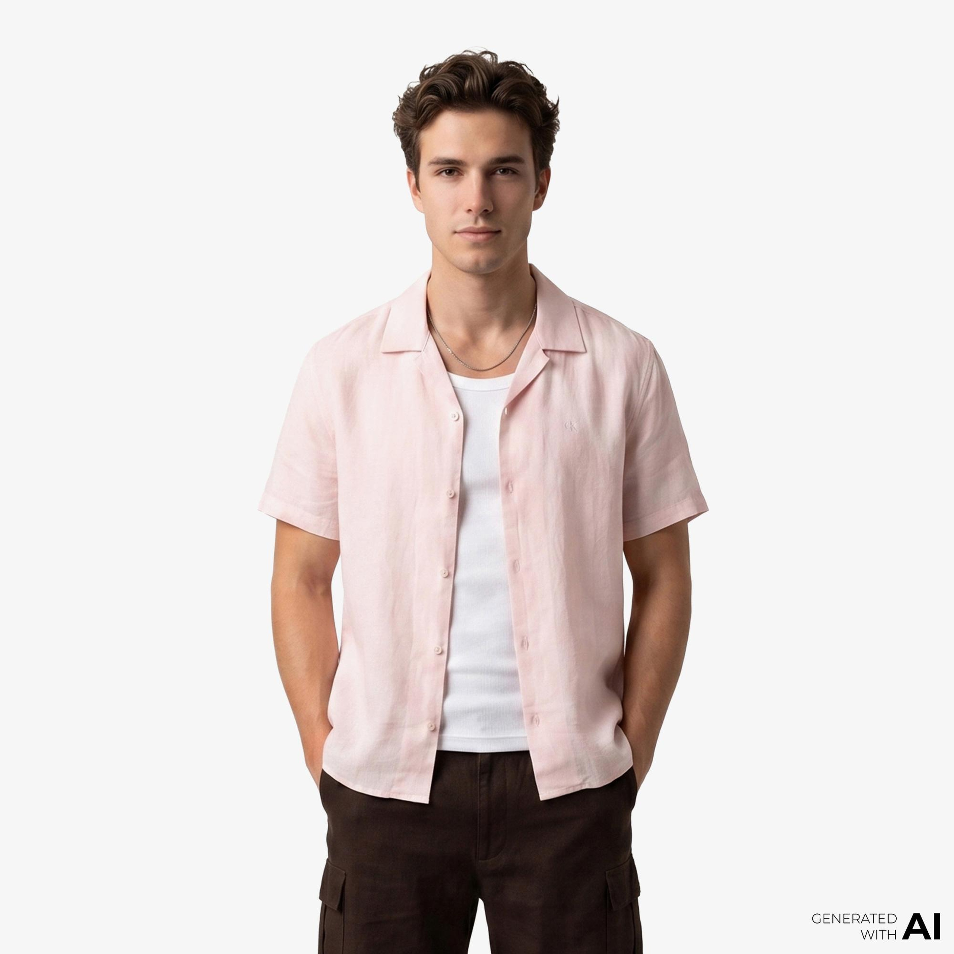 Calvin Klein Camp Collar Solid Linen Class Erkek Turuncu Gömlek