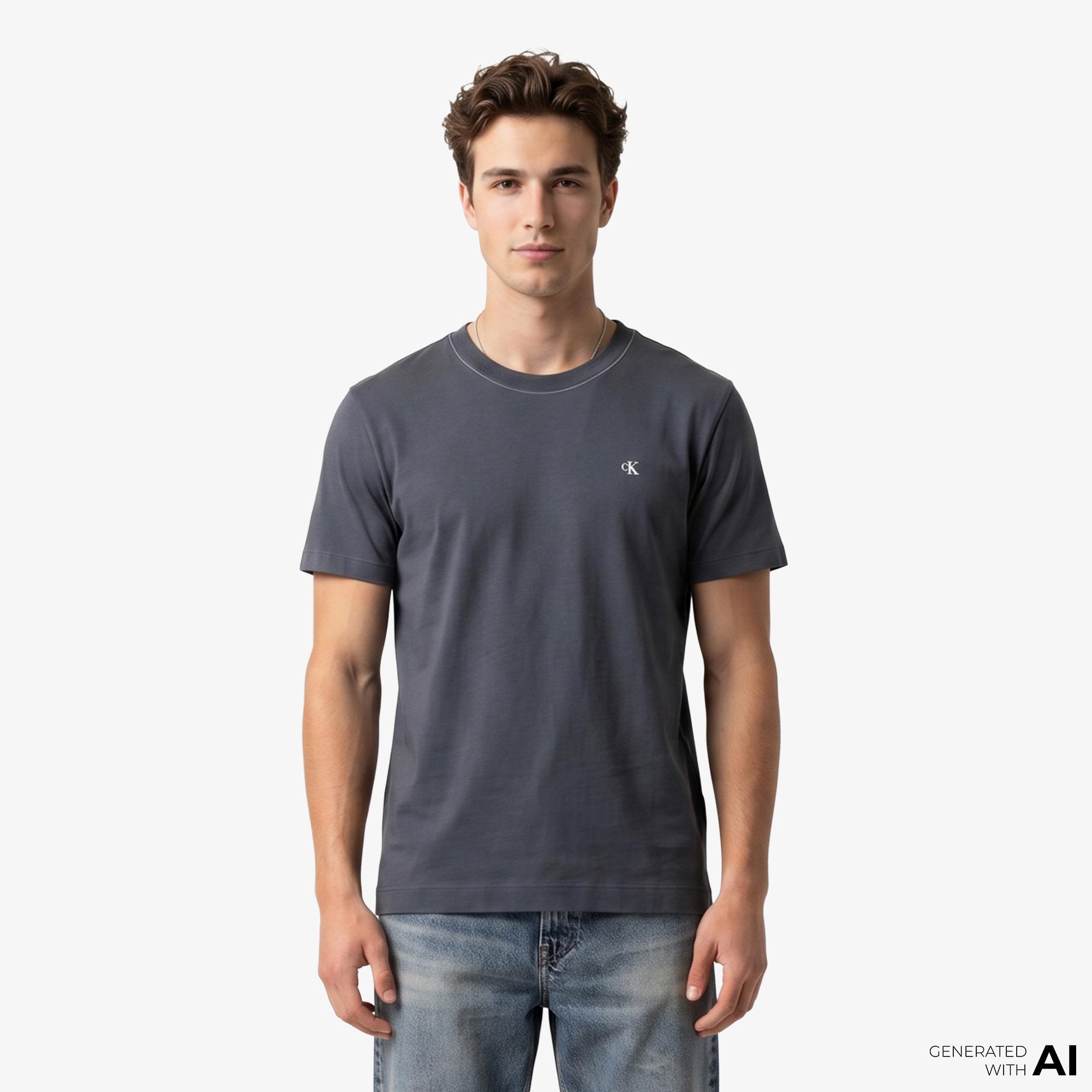 Calvin Klein Contrast Collar Stitch Crewnk Erkek Gri T-Shirt