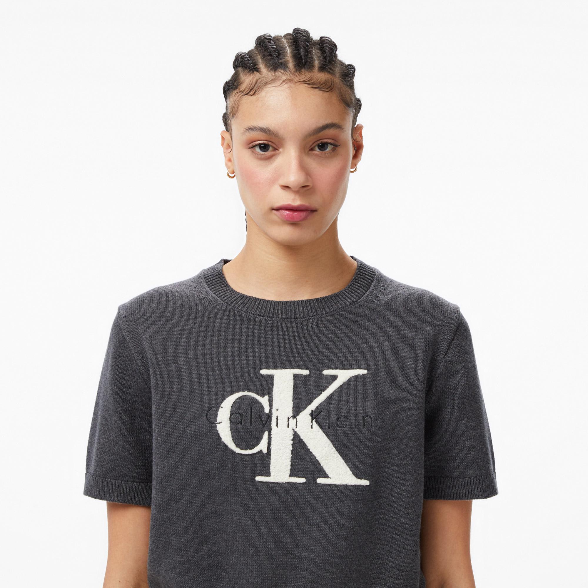 Calvin Klein Chunky Cotton Graphic Vest Kadın Gri Triko