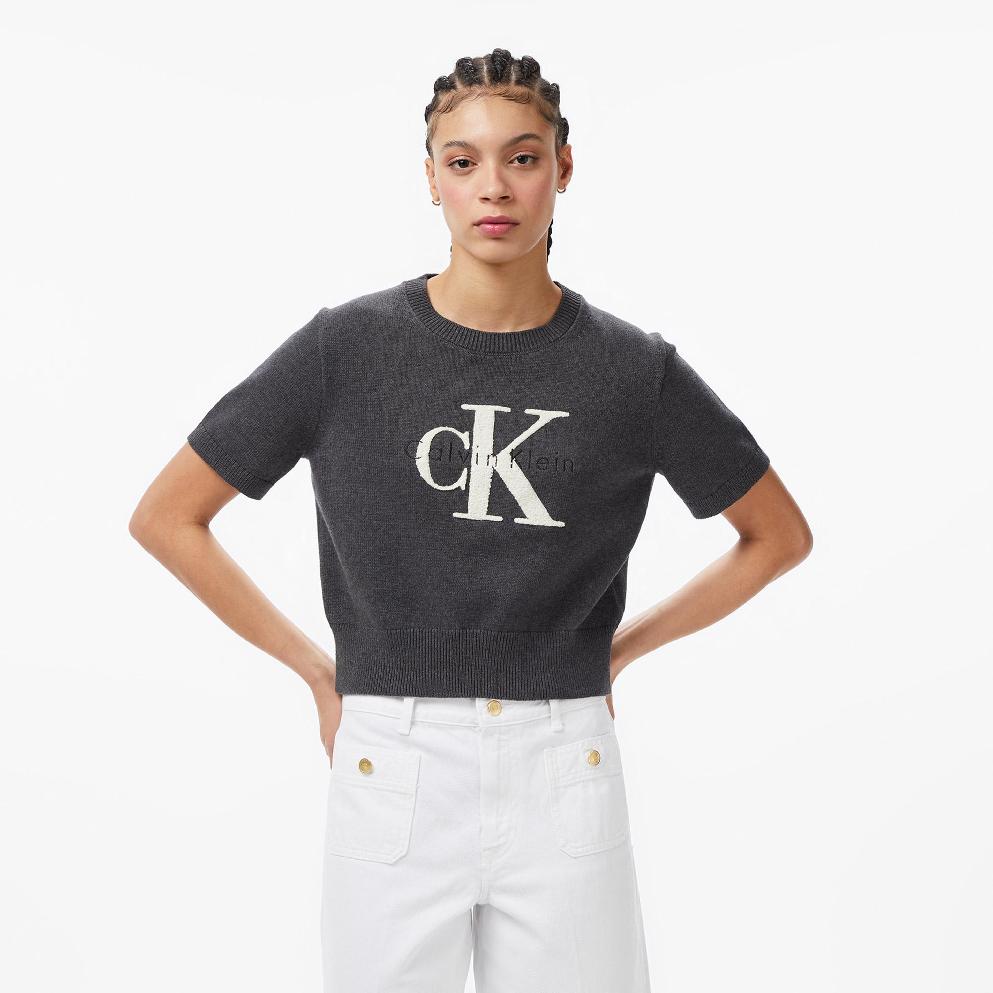 Calvin Klein Chunky Cotton Graphic Vest Kadın Gri Triko