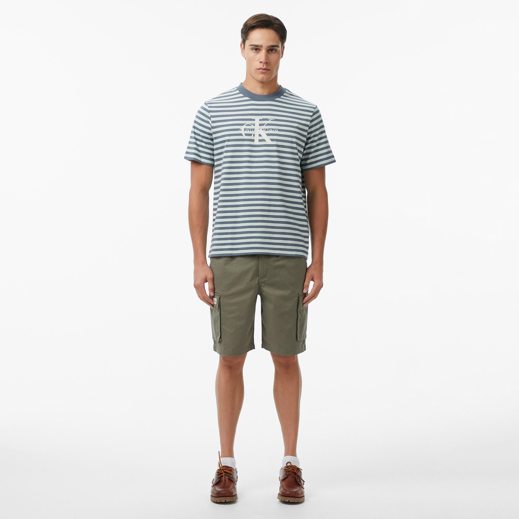 Calvin Klein 20S Stripe Jersey Monologo Erkek Gri T-Shirt