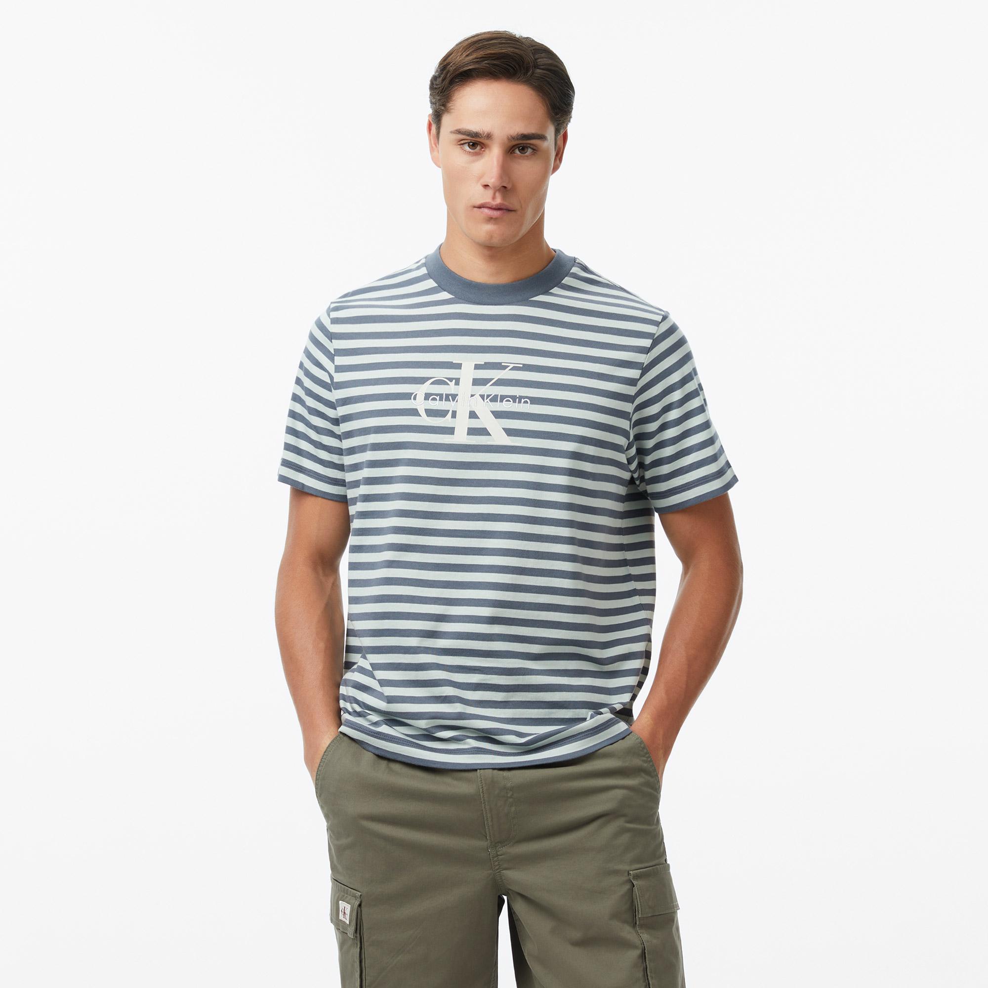 Calvin Klein 20S Stripe Jersey Monologo Erkek Gri T-Shirt