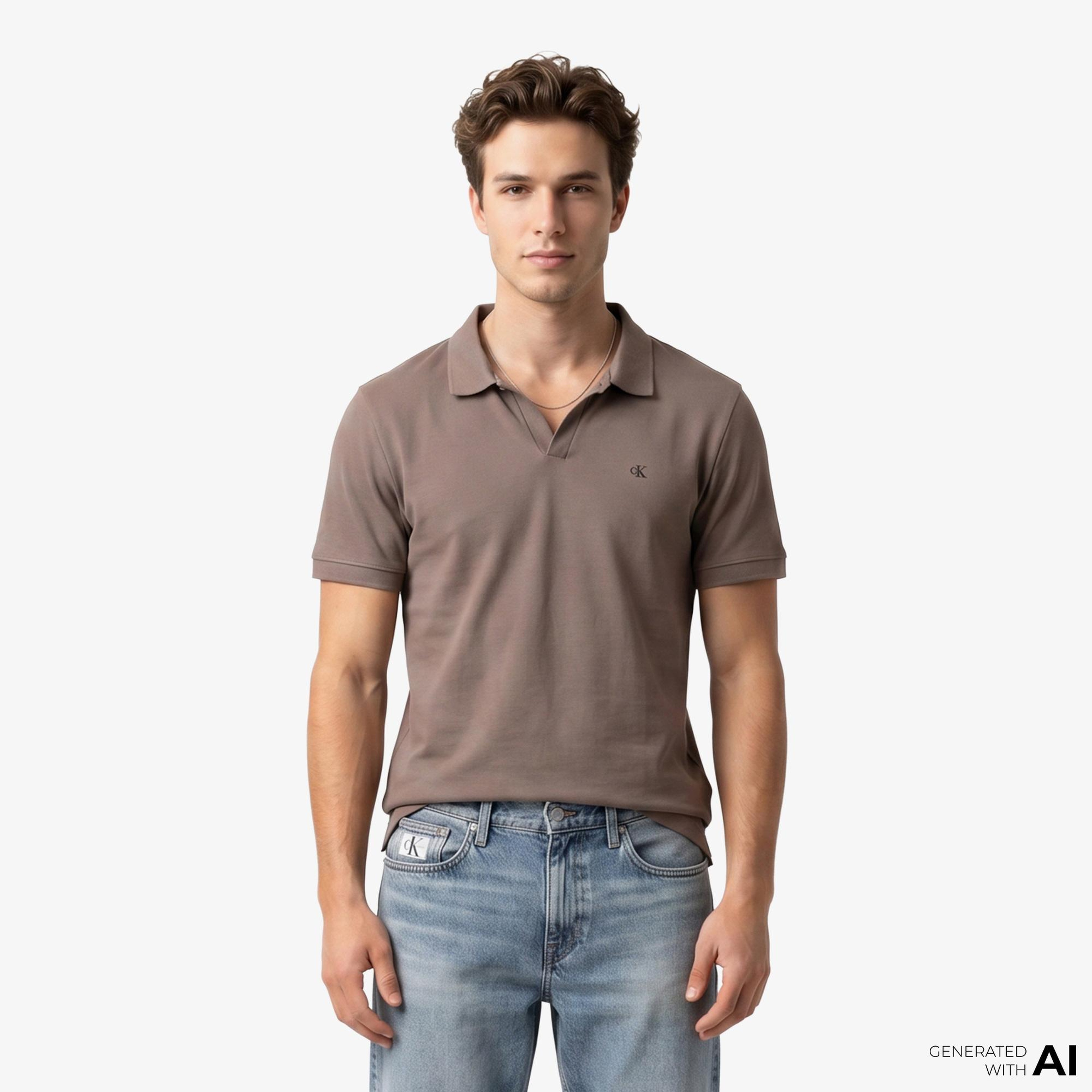 Calvin Klein Open Collar Casual Pique Erkek Kahverengi Polo