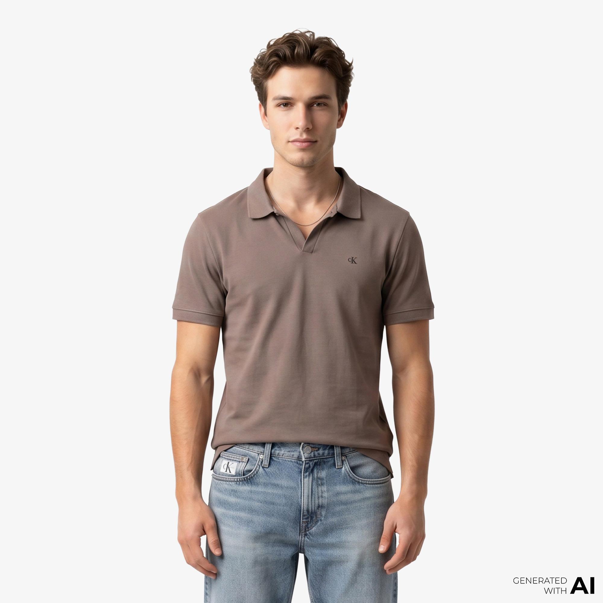 Calvin Klein Open Collar Casual Pique Erkek Kahverengi Polo