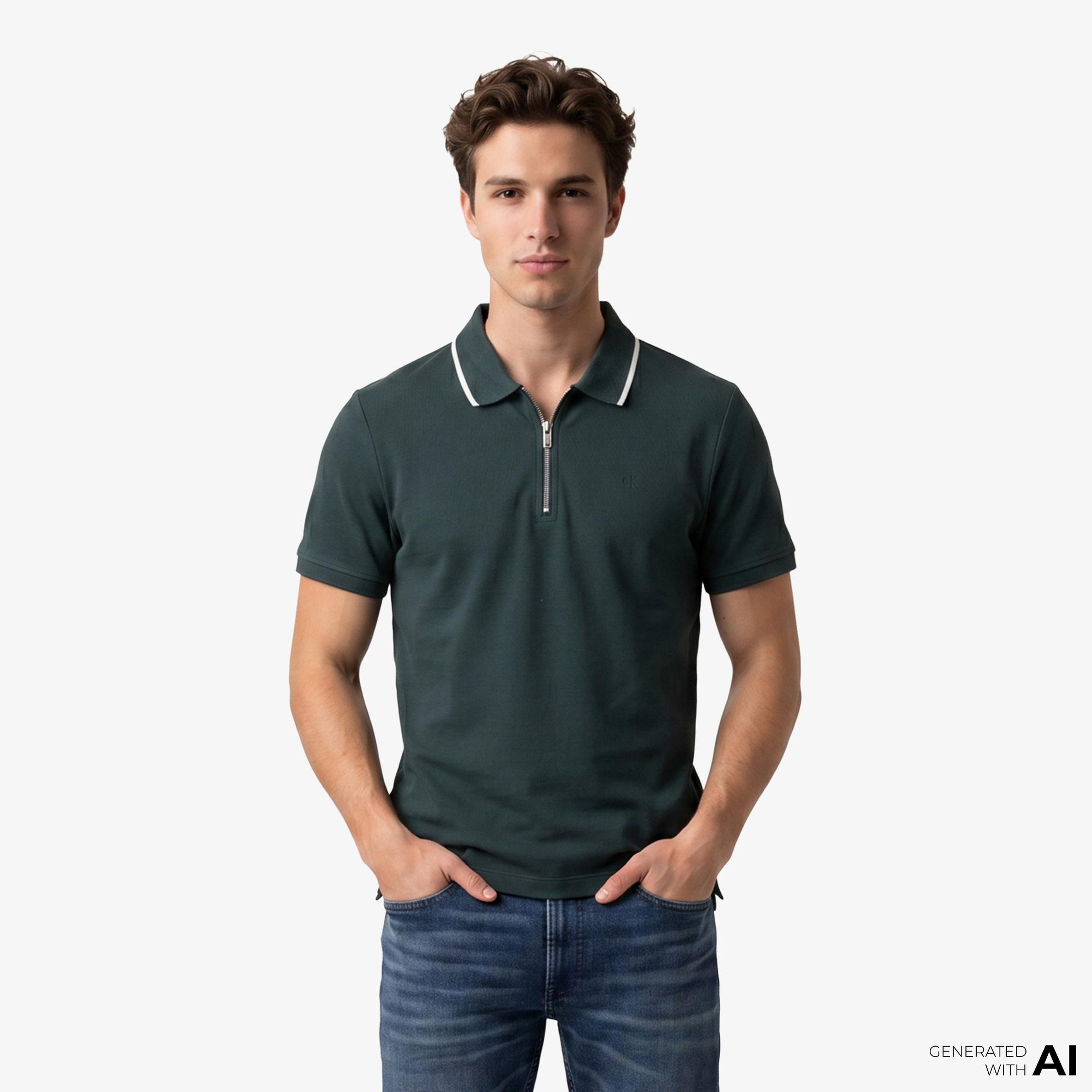 Calvin Klein Tipped Zip Pique Erkek Yeşil Polo