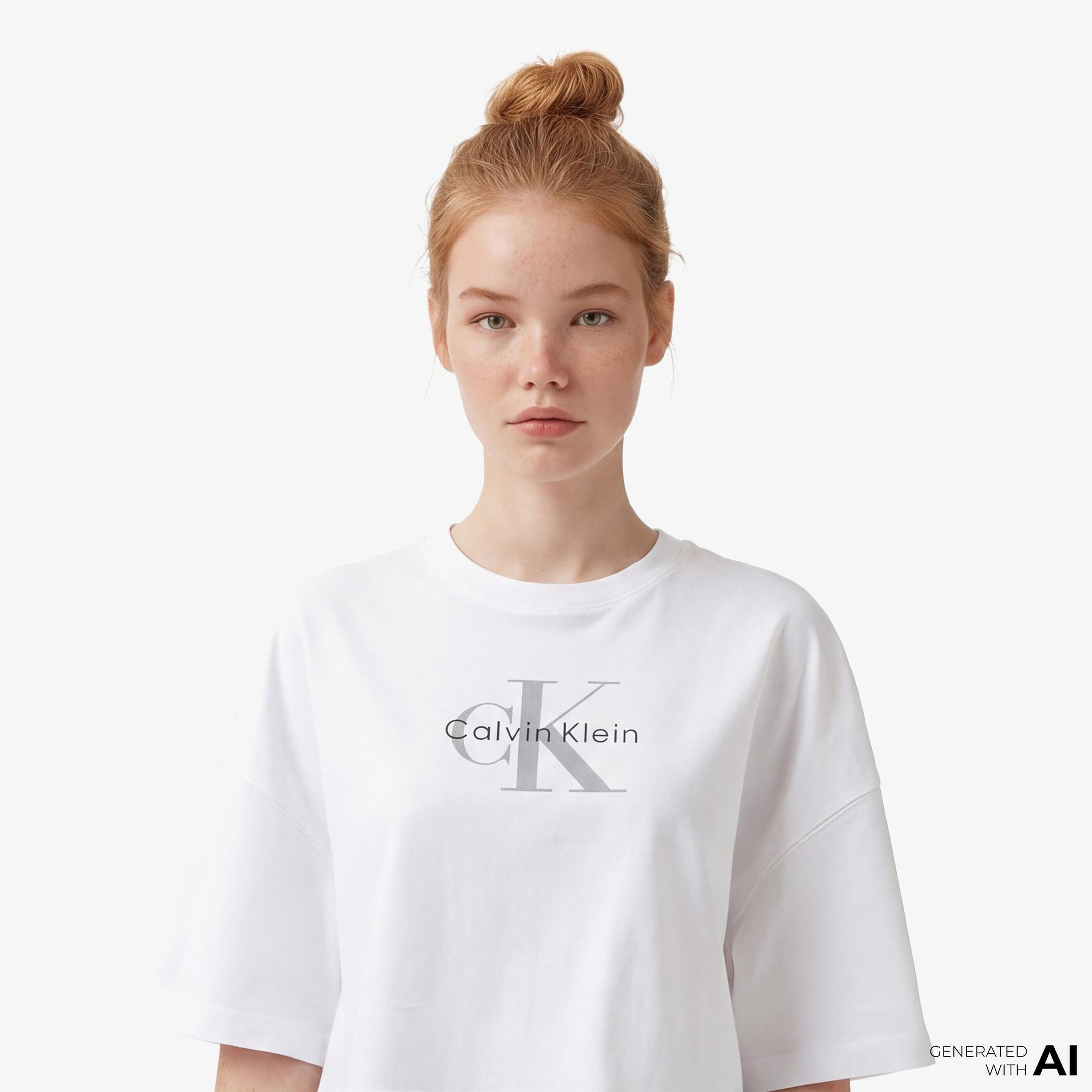 Calvin Klein Boxy Crop Monologo Kadın Beyaz T-Shirt