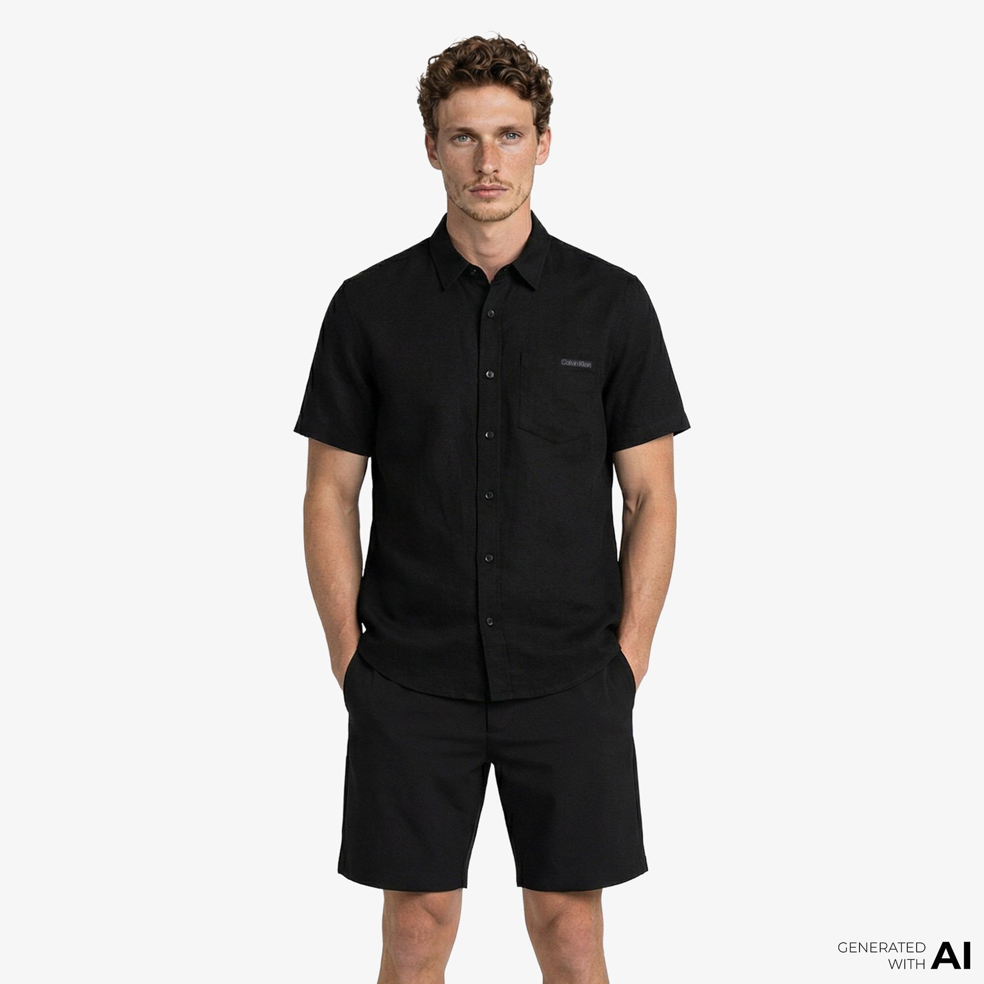 Calvin Klein Solid Causal Linen Classic Erkek Siyah Gömlek