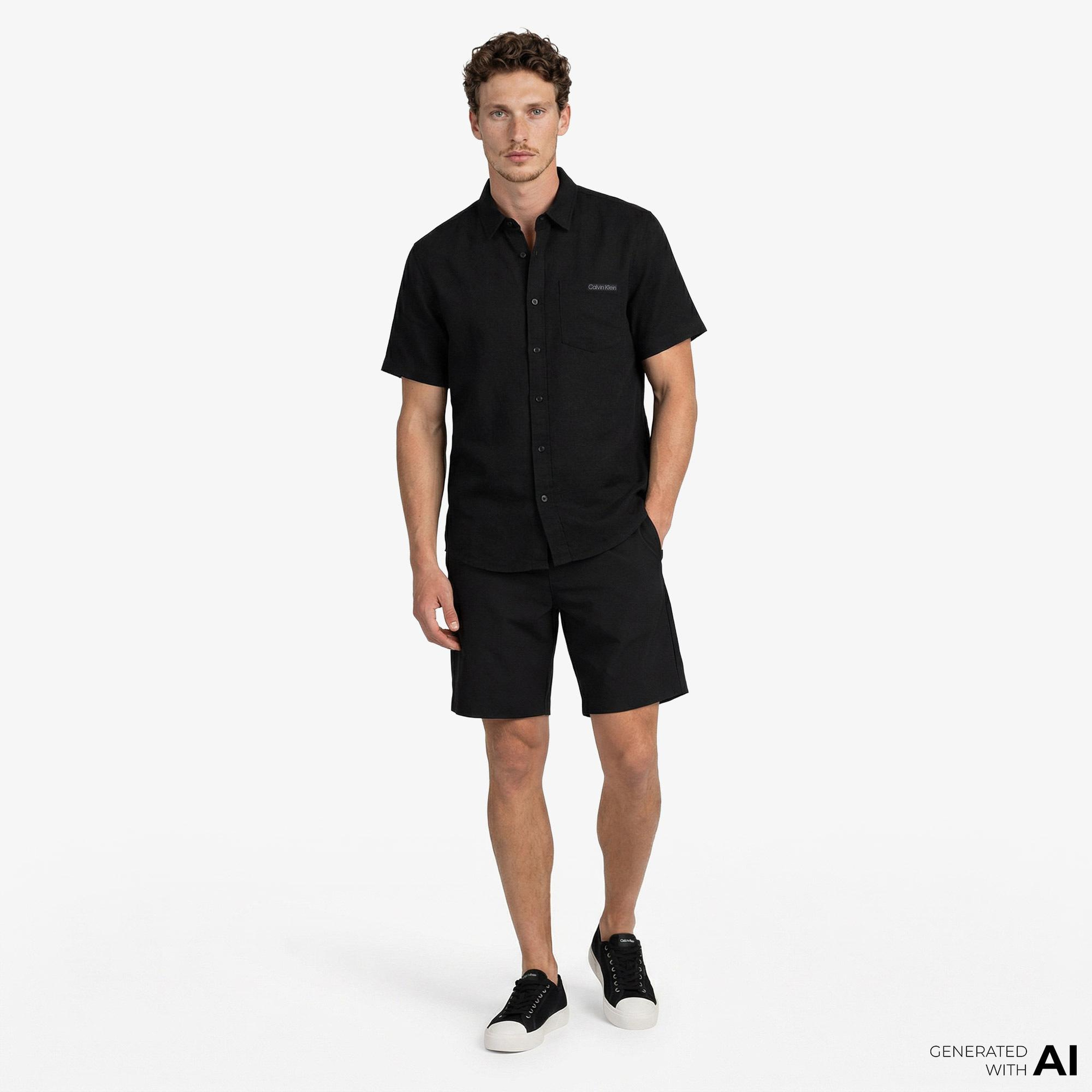 Calvin Klein Solid Causal Linen Classic Erkek Siyah Gömlek