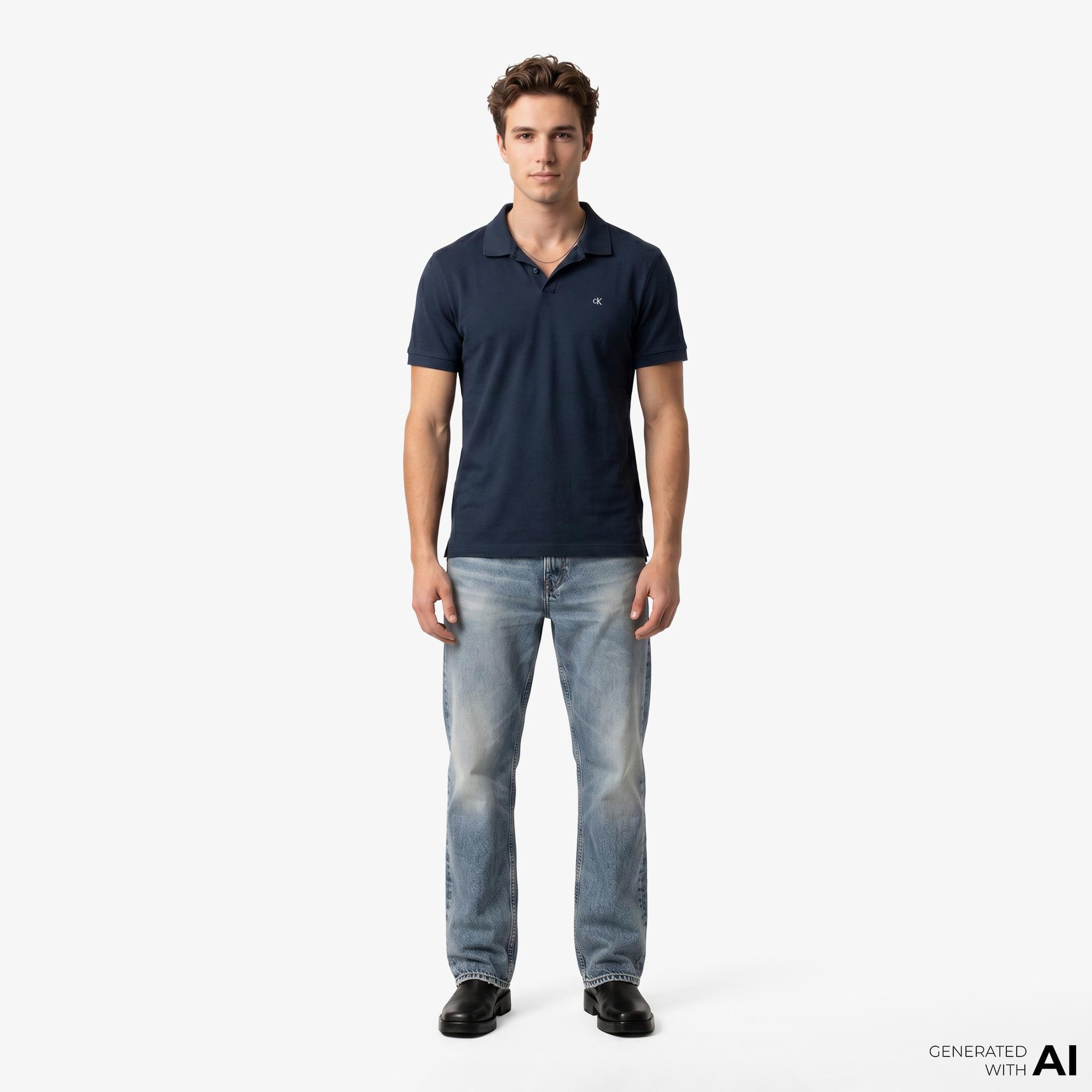 Calvin Klein Open Collar Casual Pique Erkek Mavi Polo