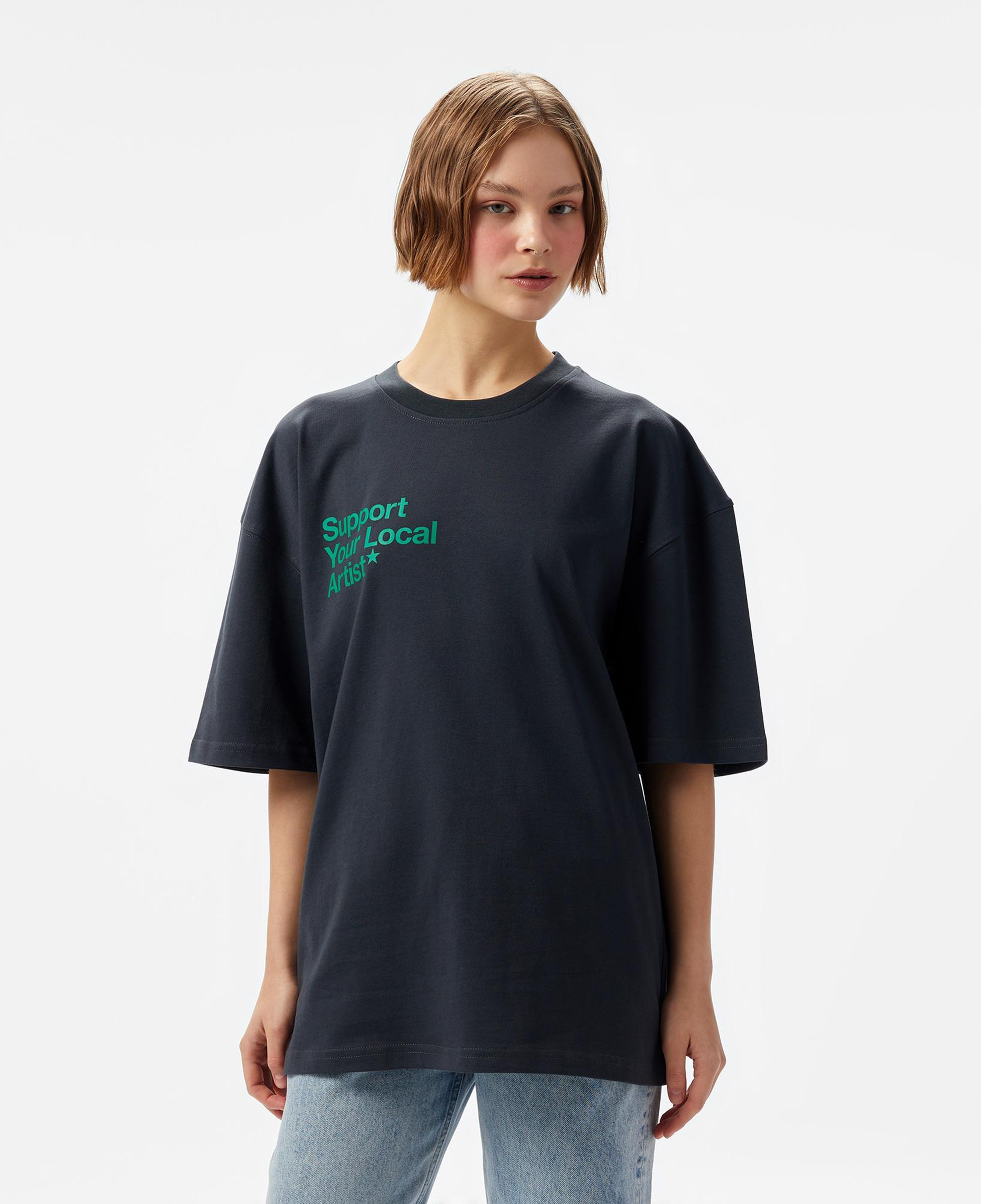 Aclothco X LFI Oversized Crew Neck Slogan Printed Unisex Gri T-Shirt