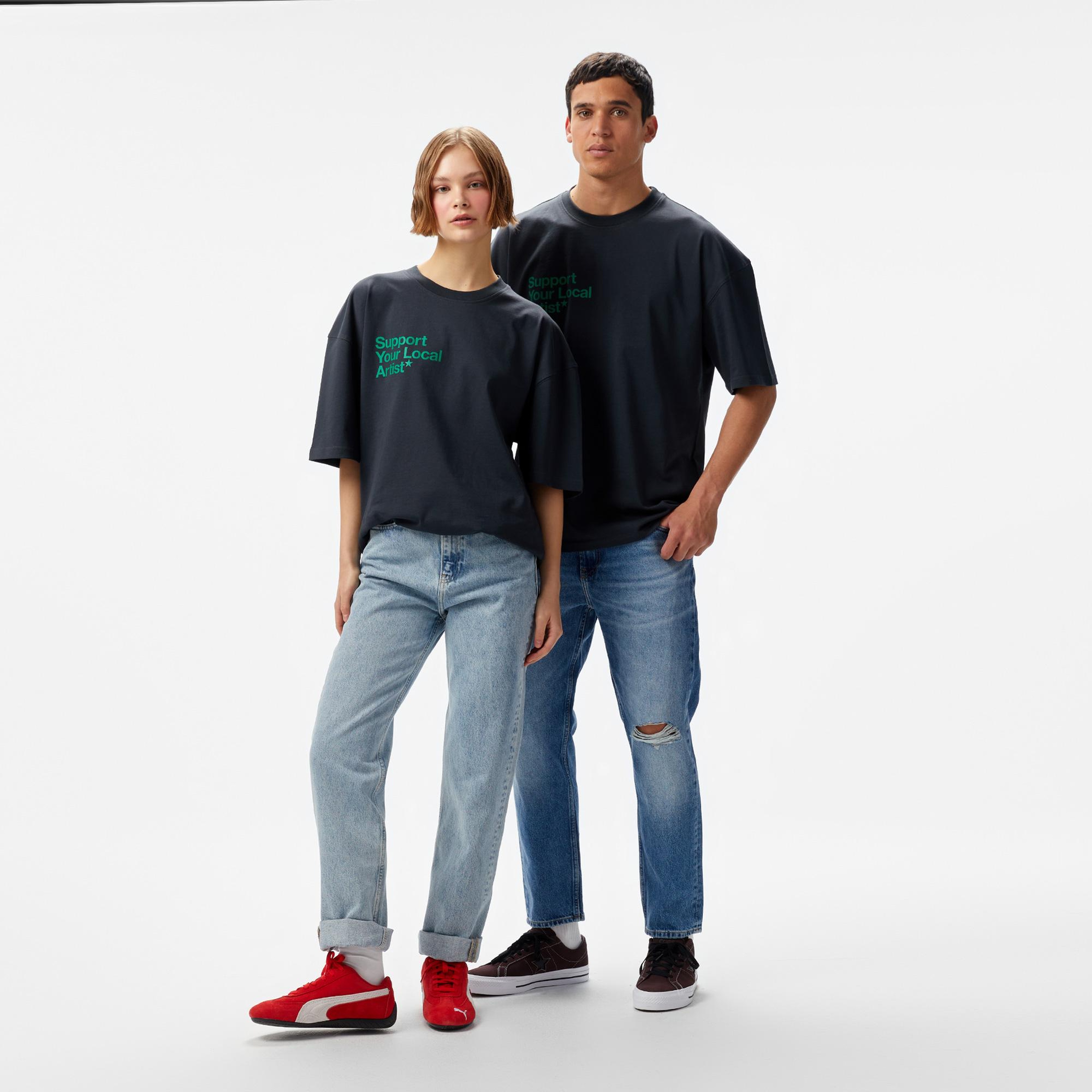 Aclothco X LFI Oversized Crew Neck Slogan Printed Unisex Gri T-Shirt